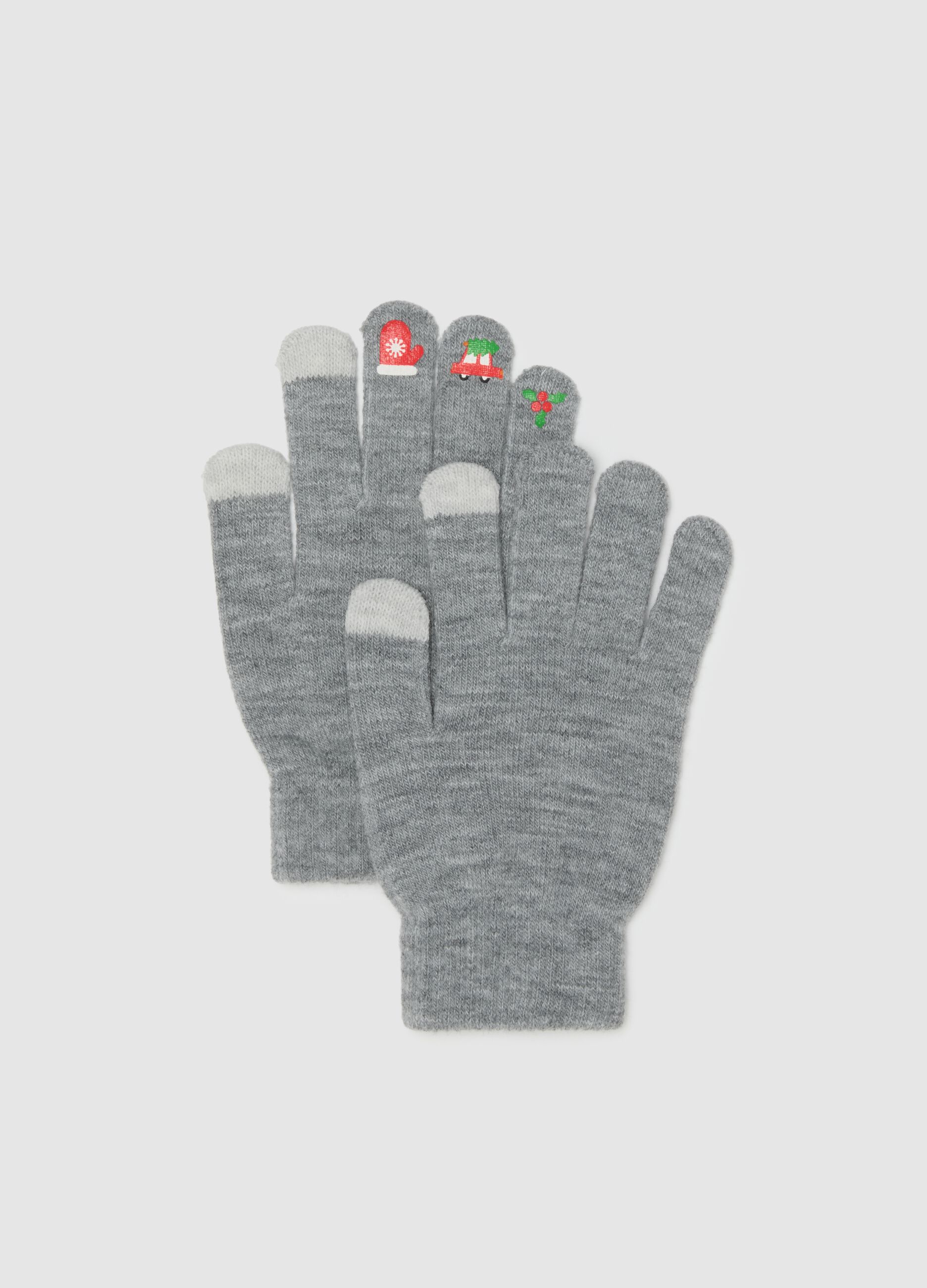 Grey gloves with festive decorations