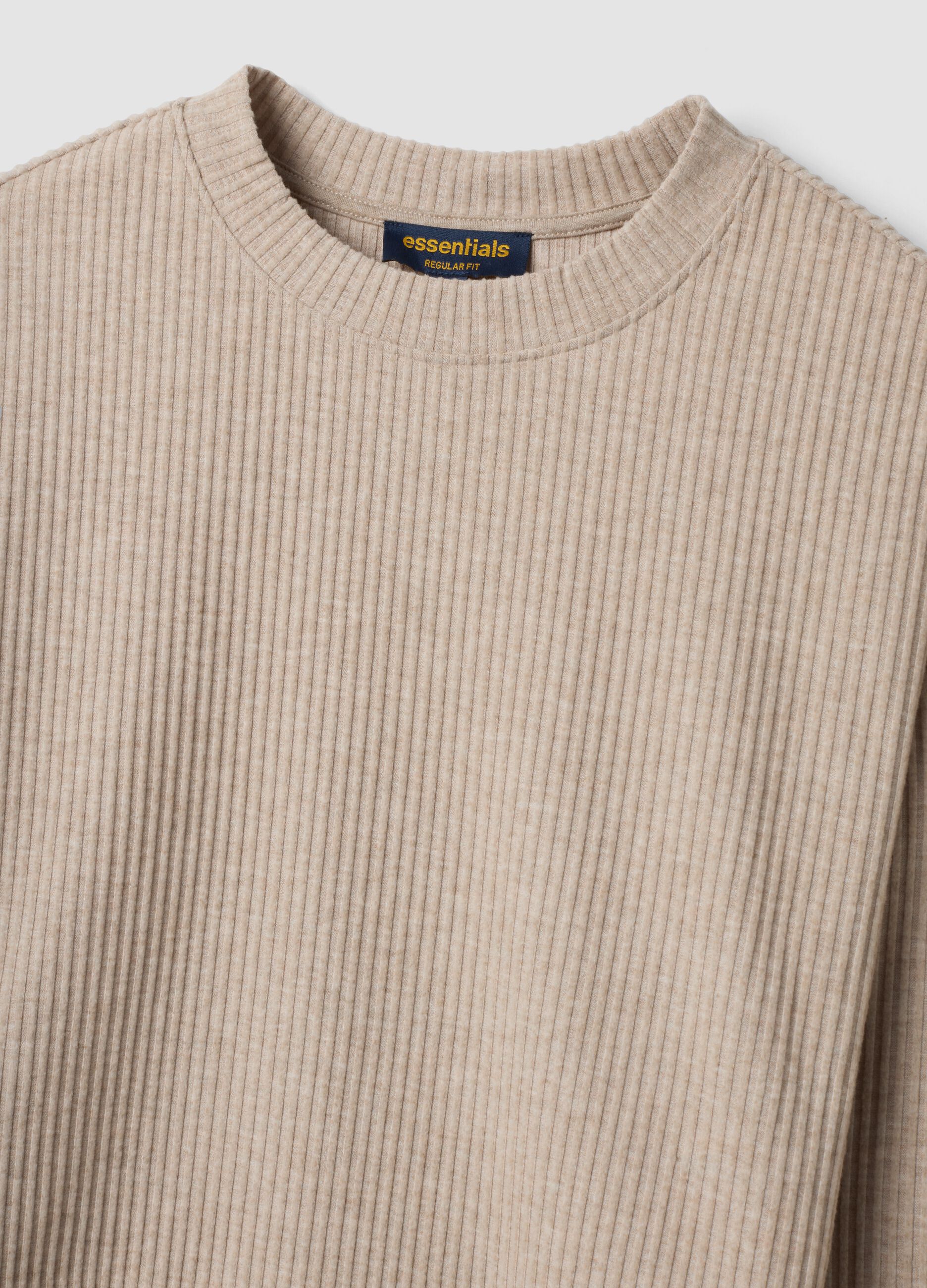 Beige ribbed stretch-viscose crew-neck T-shirt, regular fit