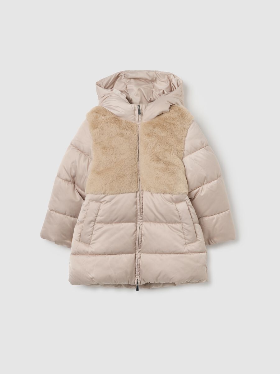Giacca imbottita beige da bambina con zip e cappuccio_0