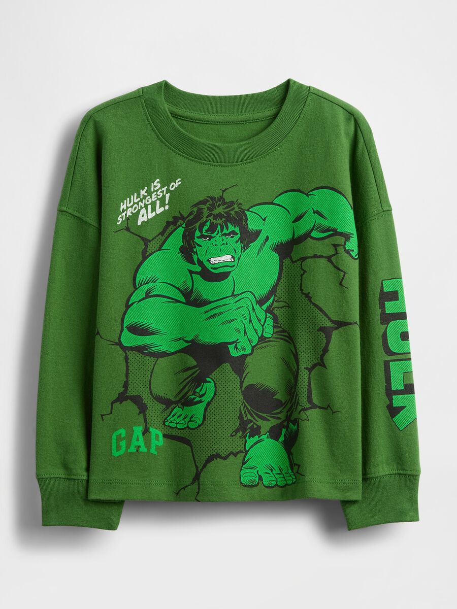 Green long-sleeved cotton t-shirt with Hulk print_0