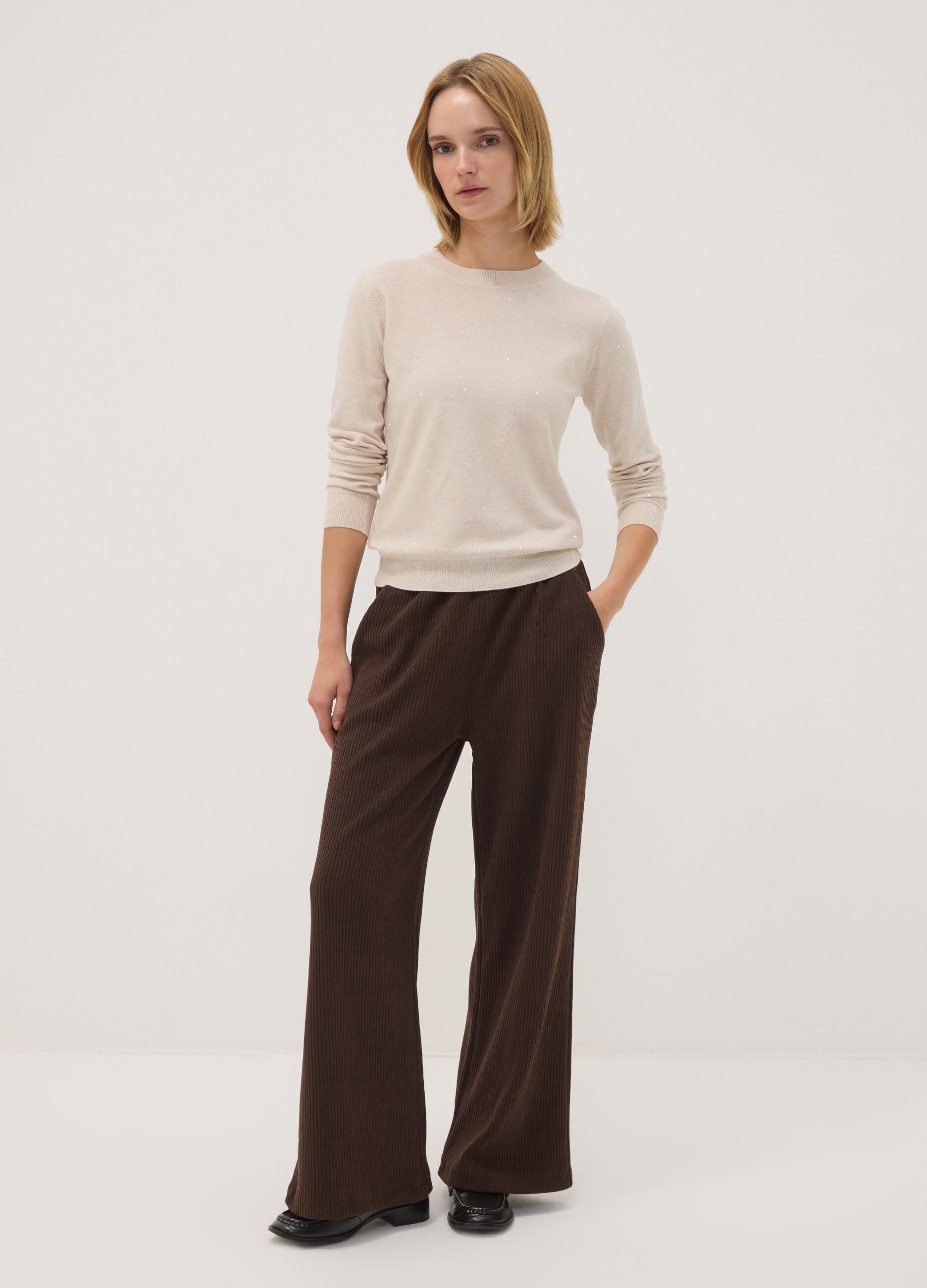 Camel viscose-blend jumper with sequins, regular fit