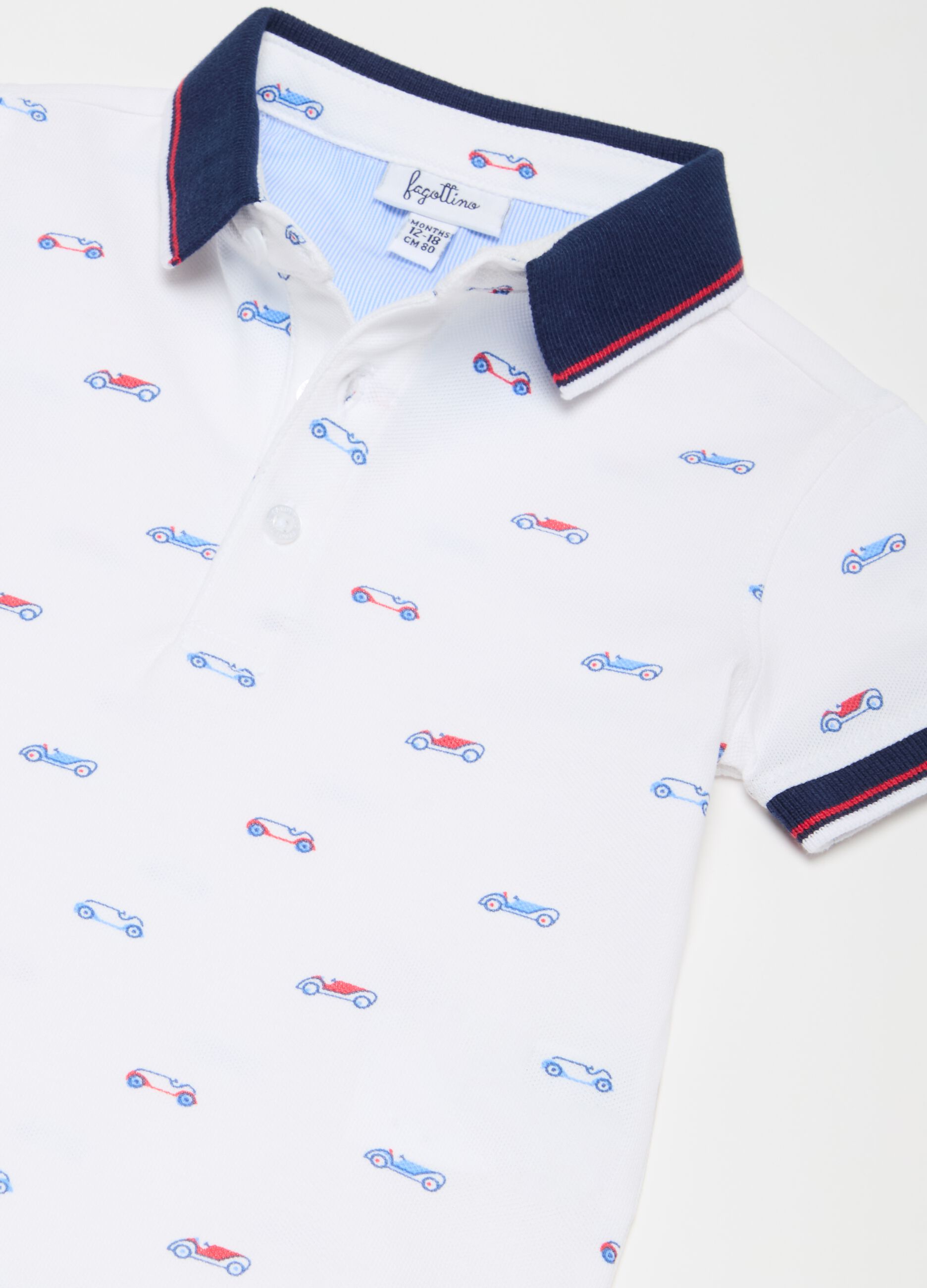 Stretch cotton polo shirt with racing car print