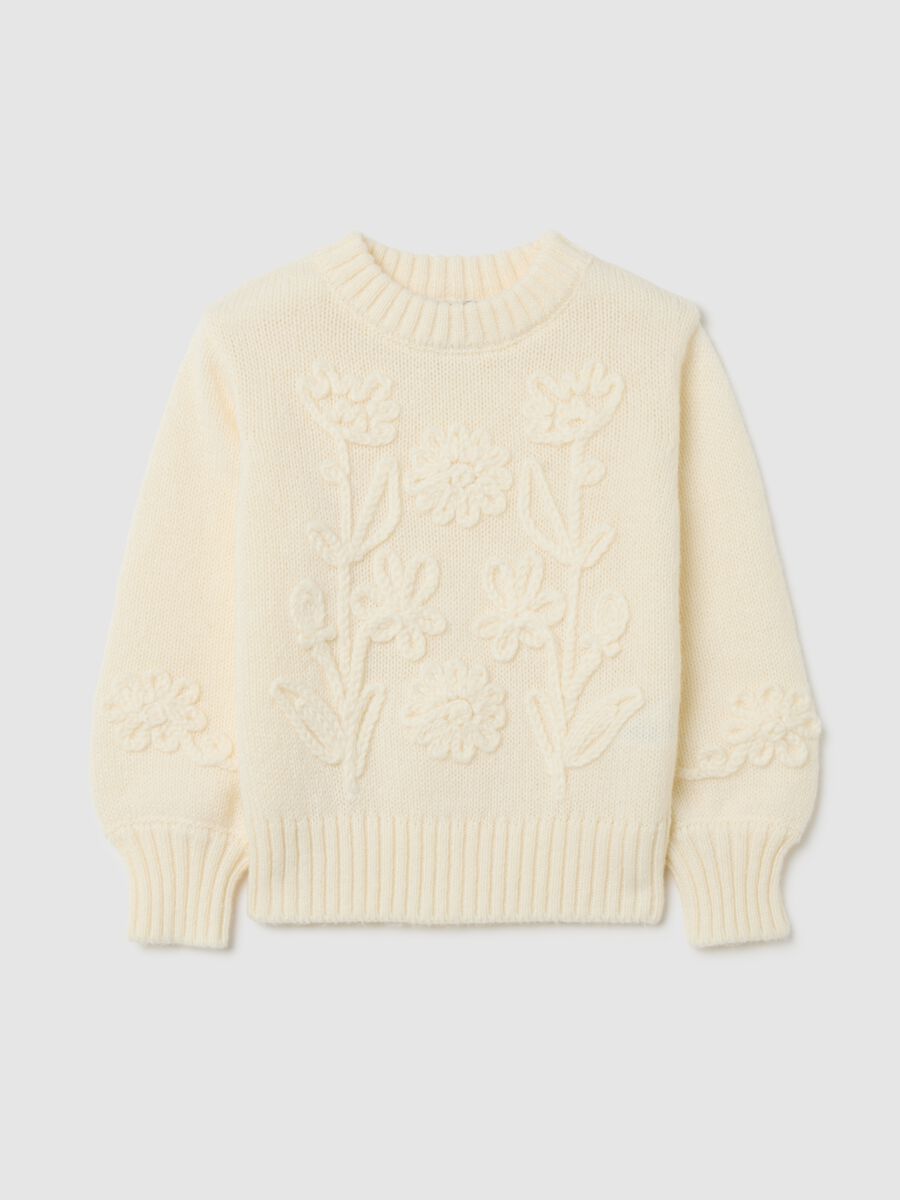 Maglione da ragazza beige regular fit con ricamo floreale_3