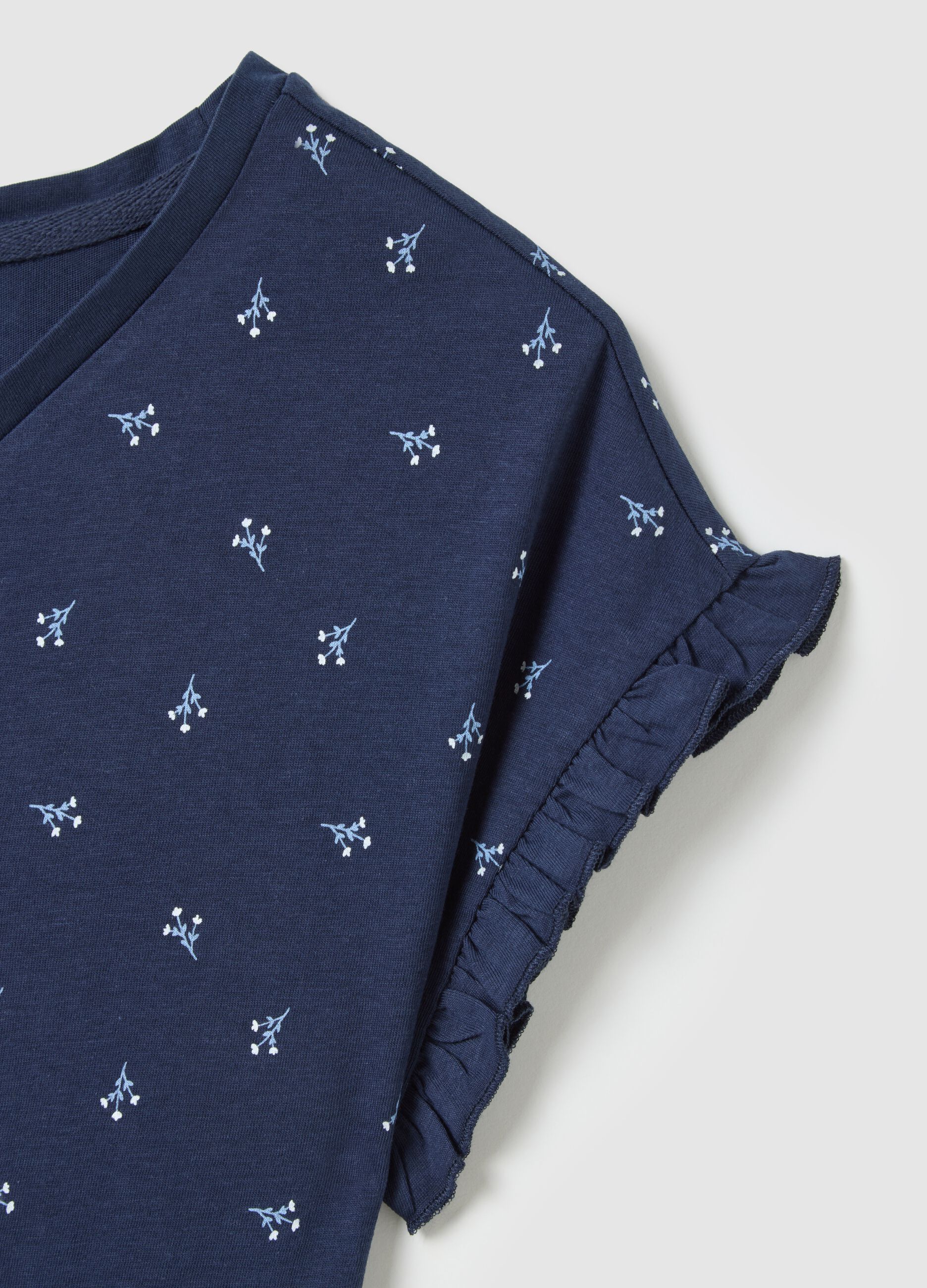 Blue pure cotton regular fit t-shirt with ruffles