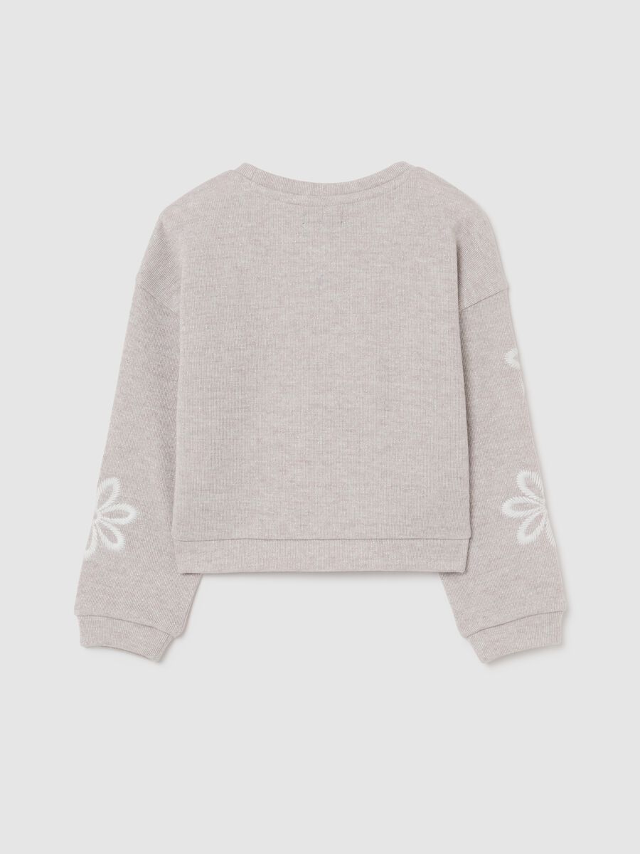 Beige Cotton Blend Regular Fit Sweatshirt with Embroidered Flowers for Girls_1