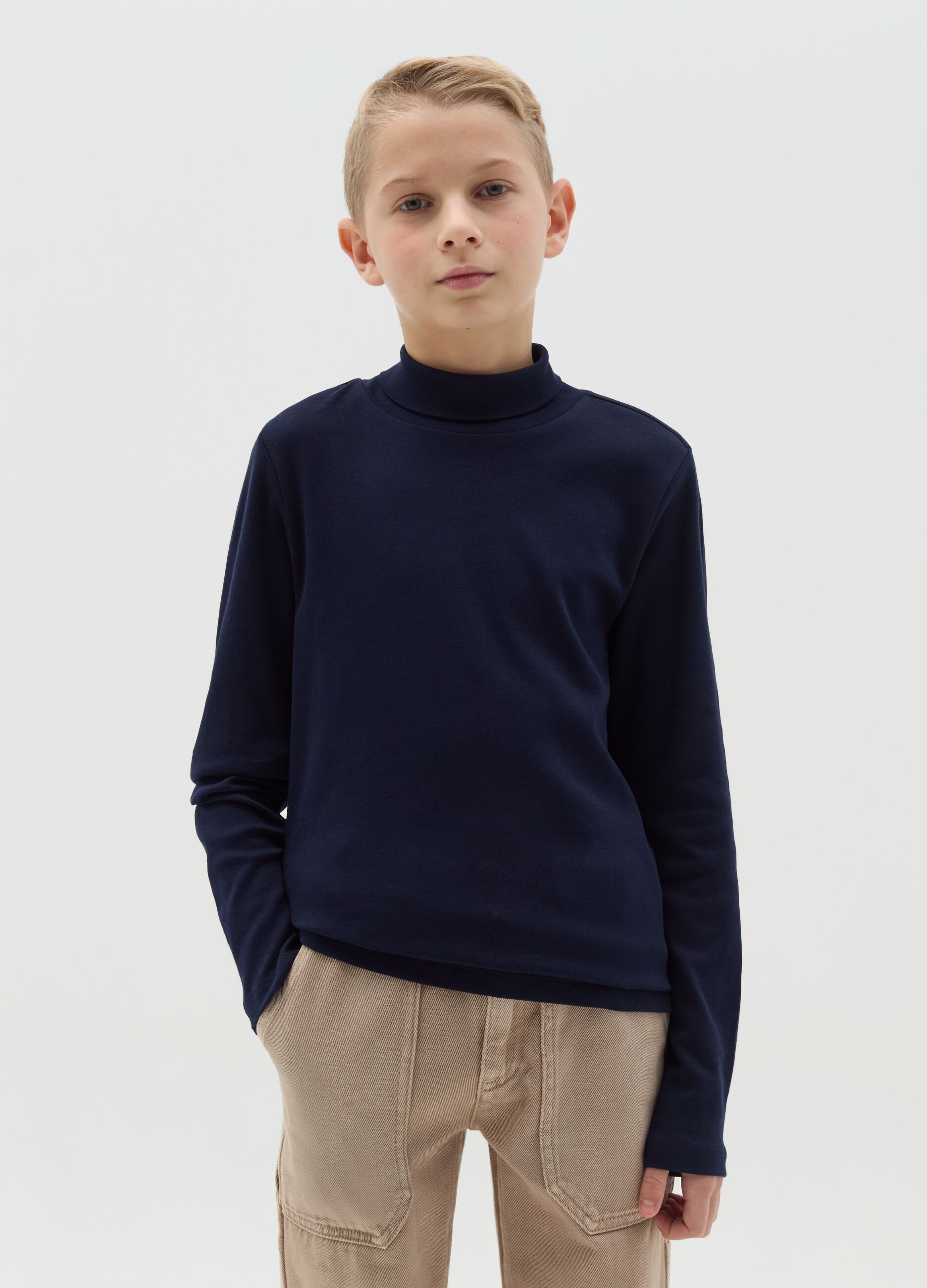 Cotton T-shirt with high neck