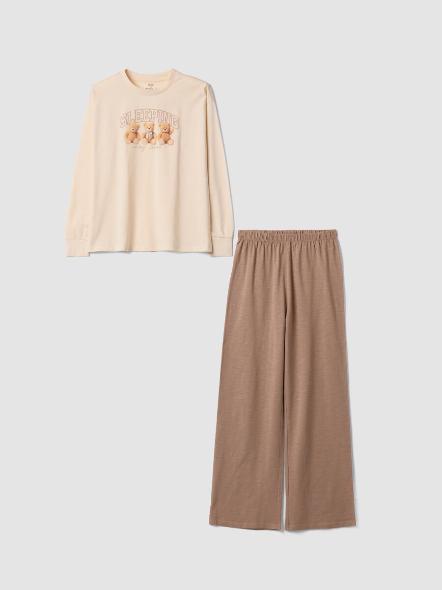Pigiama beige in puro cotone organico con girocollo e stampa orsetti_0