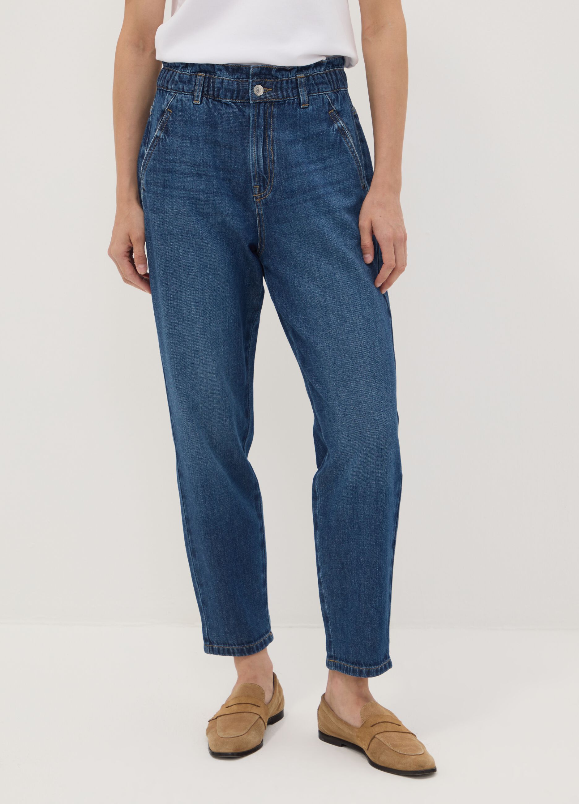 Blue denim baggy-fit jeans in pure cotton with paperbag waist