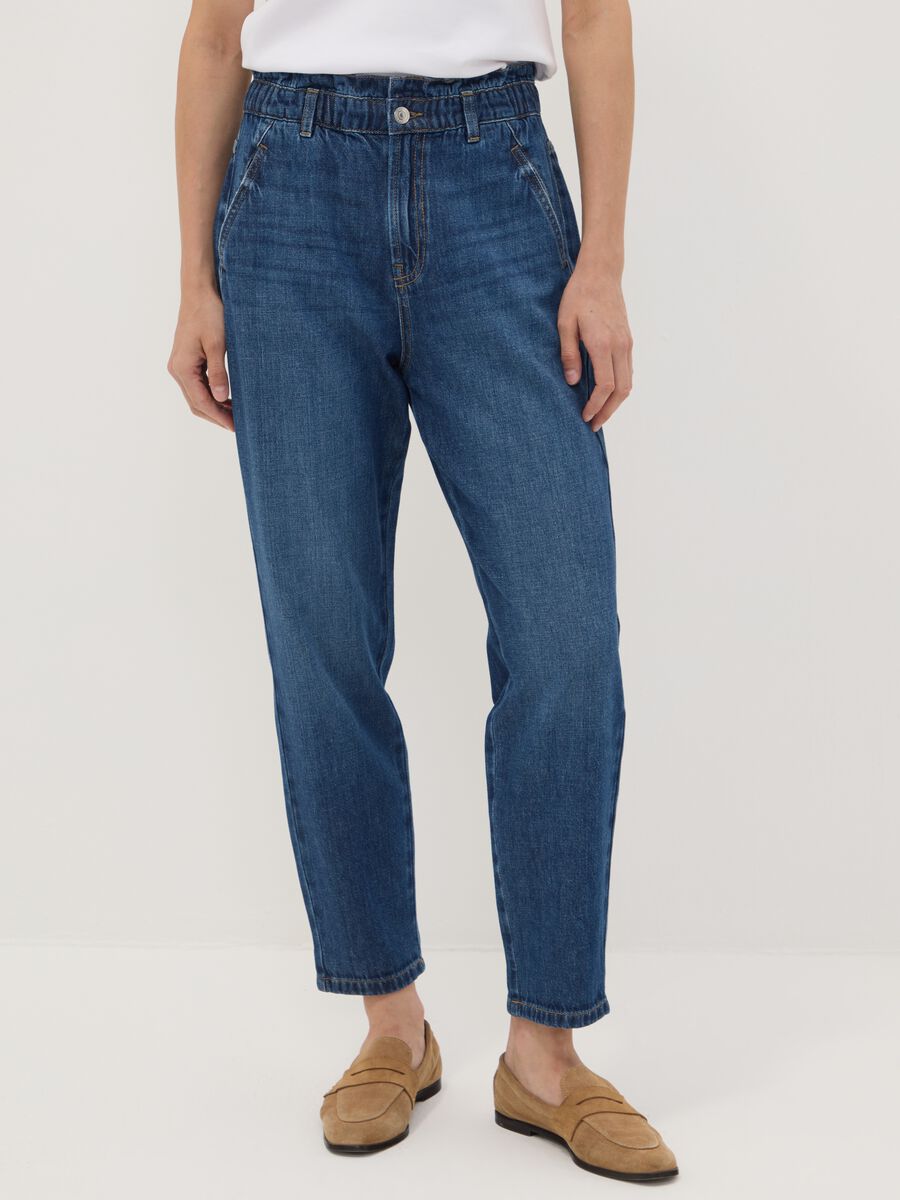 Jeans denim blu baggy fit in puro cotone con vita paper bag_1