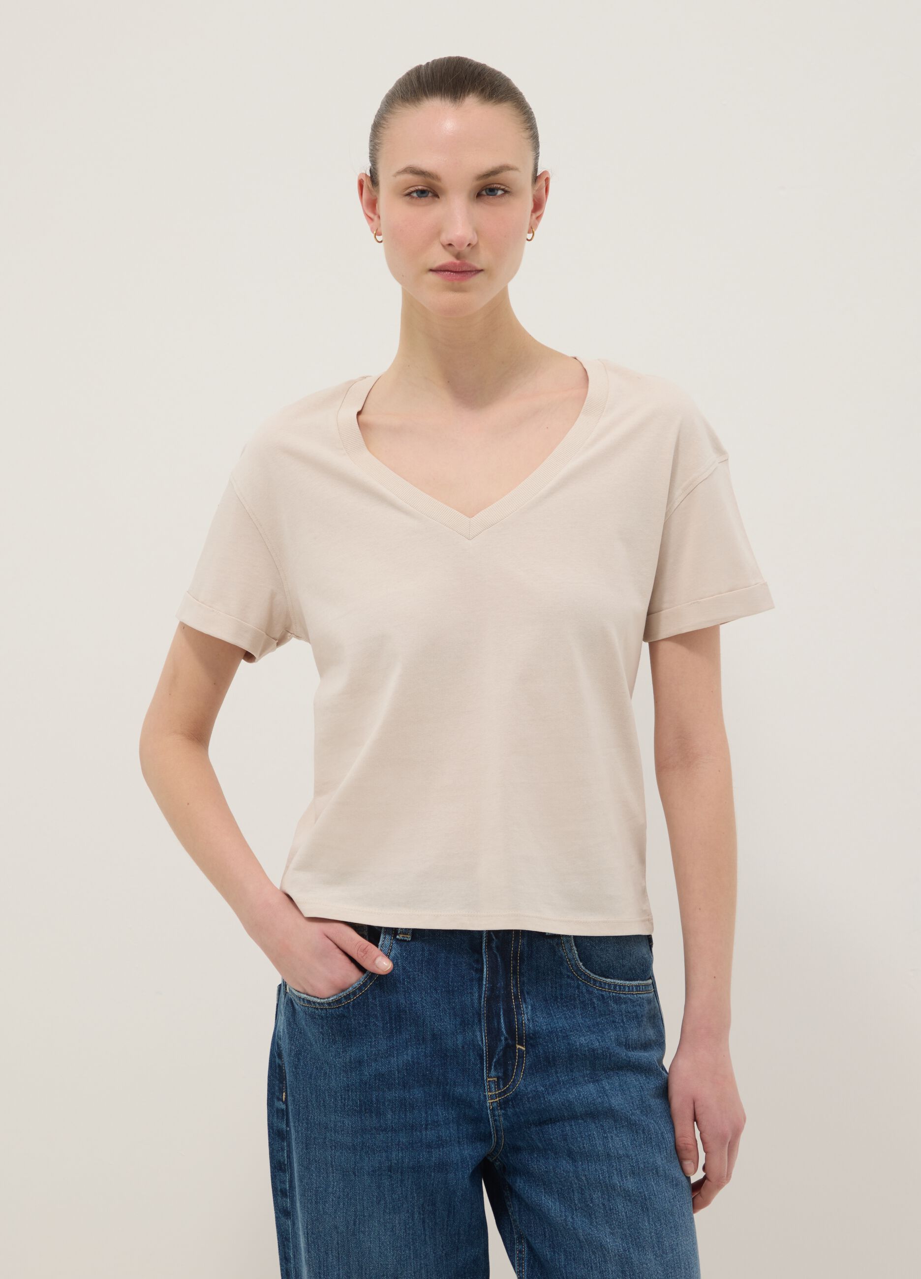Beige pure cotton relaxed-fit V-neck T-shirt