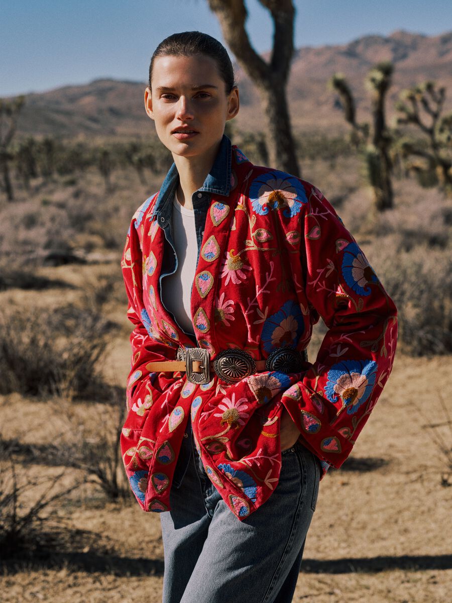 Oversized fit multicolour pure cotton kimono with floral embroidery_0