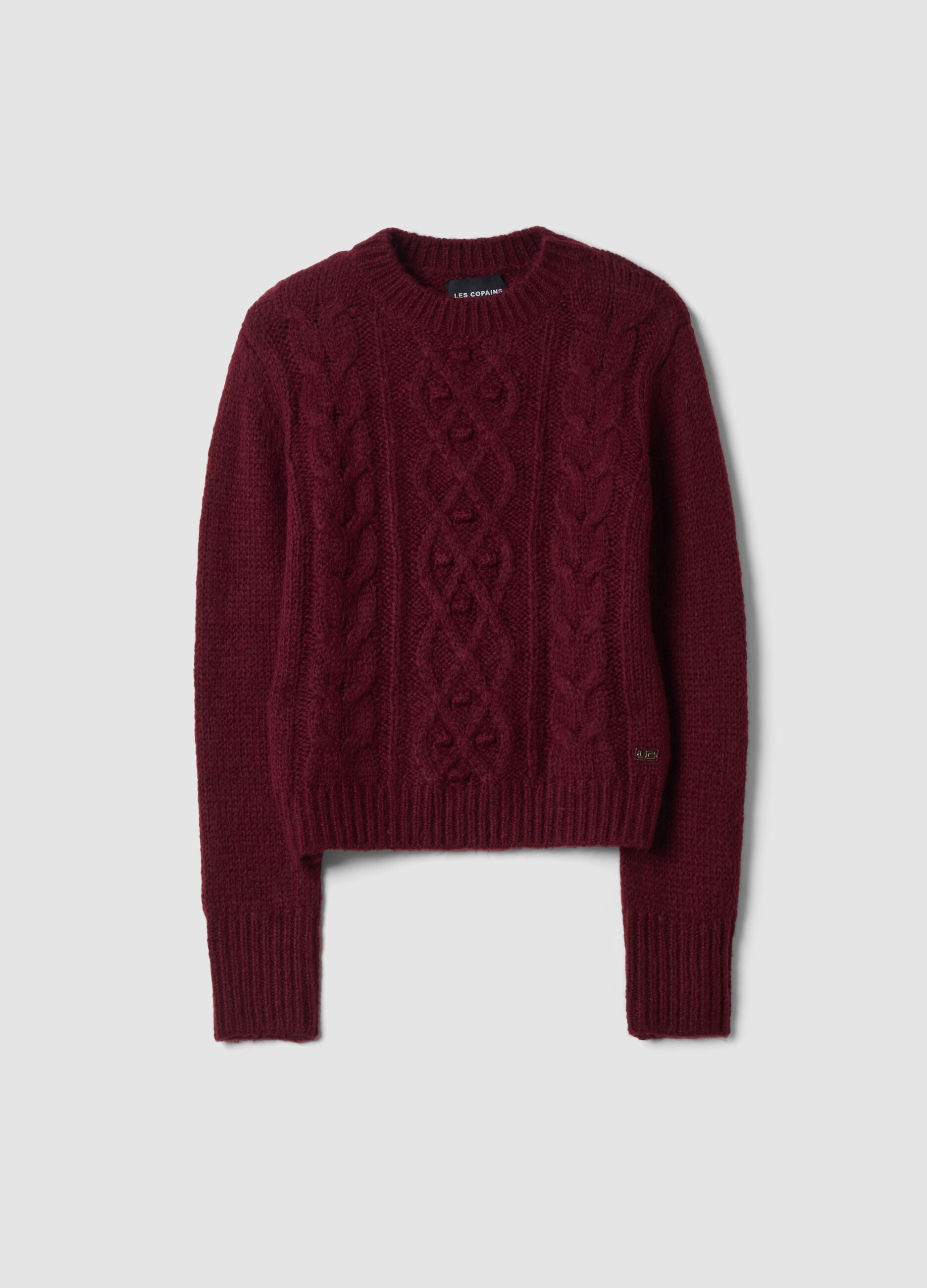 Burgundy red crew-neck cable-knit wool-blend jumper, regular fit