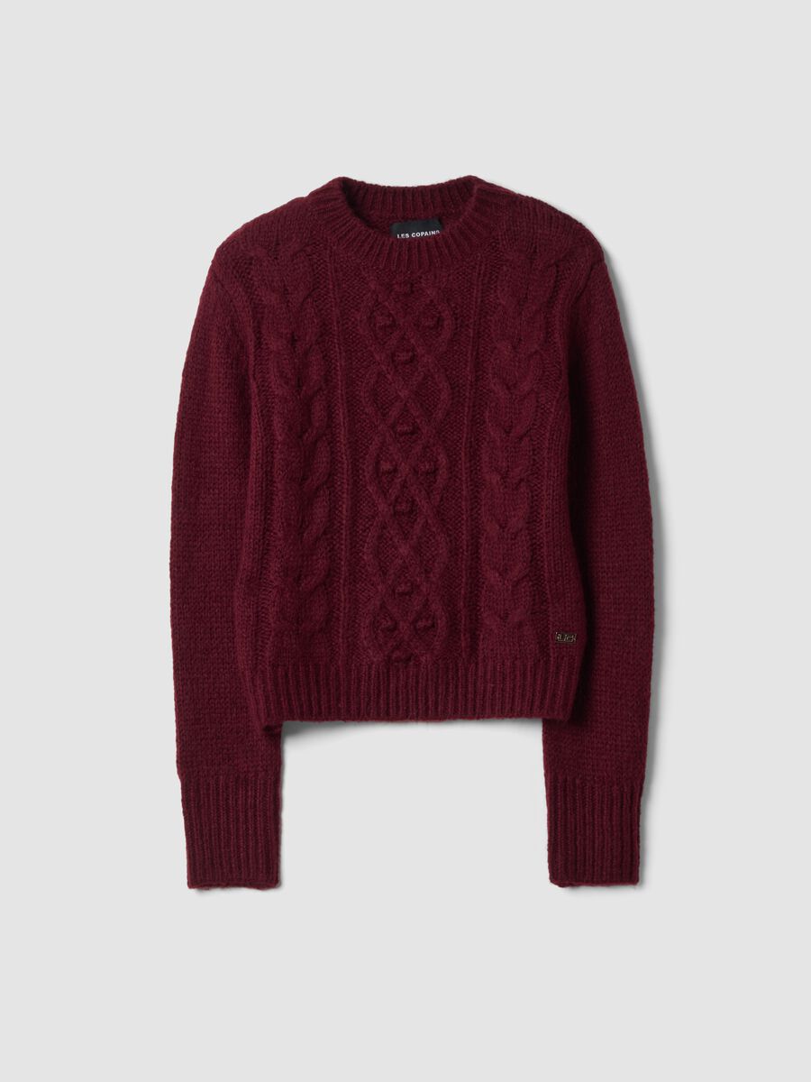 Burgundy red crew-neck cable-knit wool-blend jumper, regular fit_0