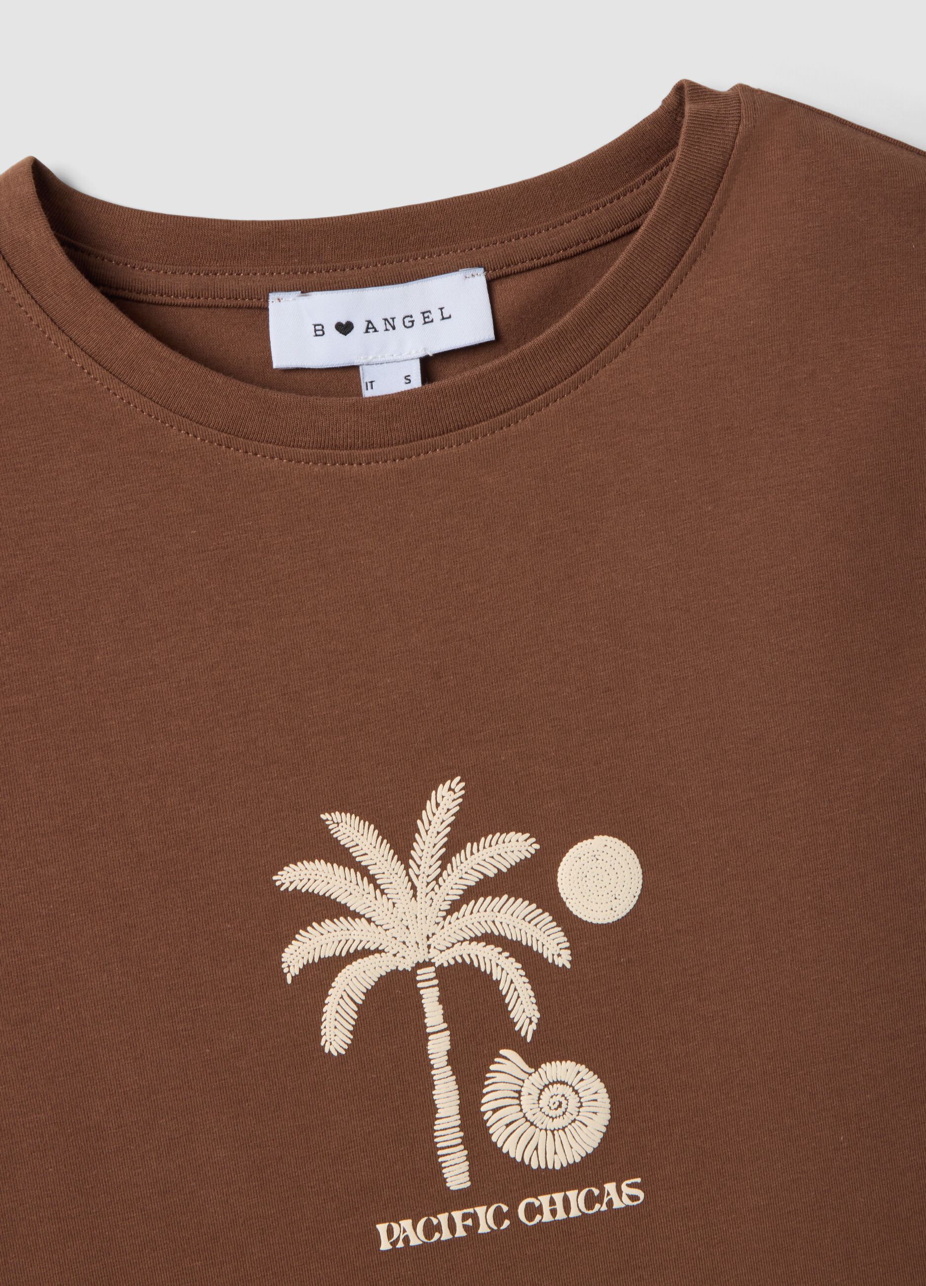 Brown fitted stretch-cotton T-shirt with print