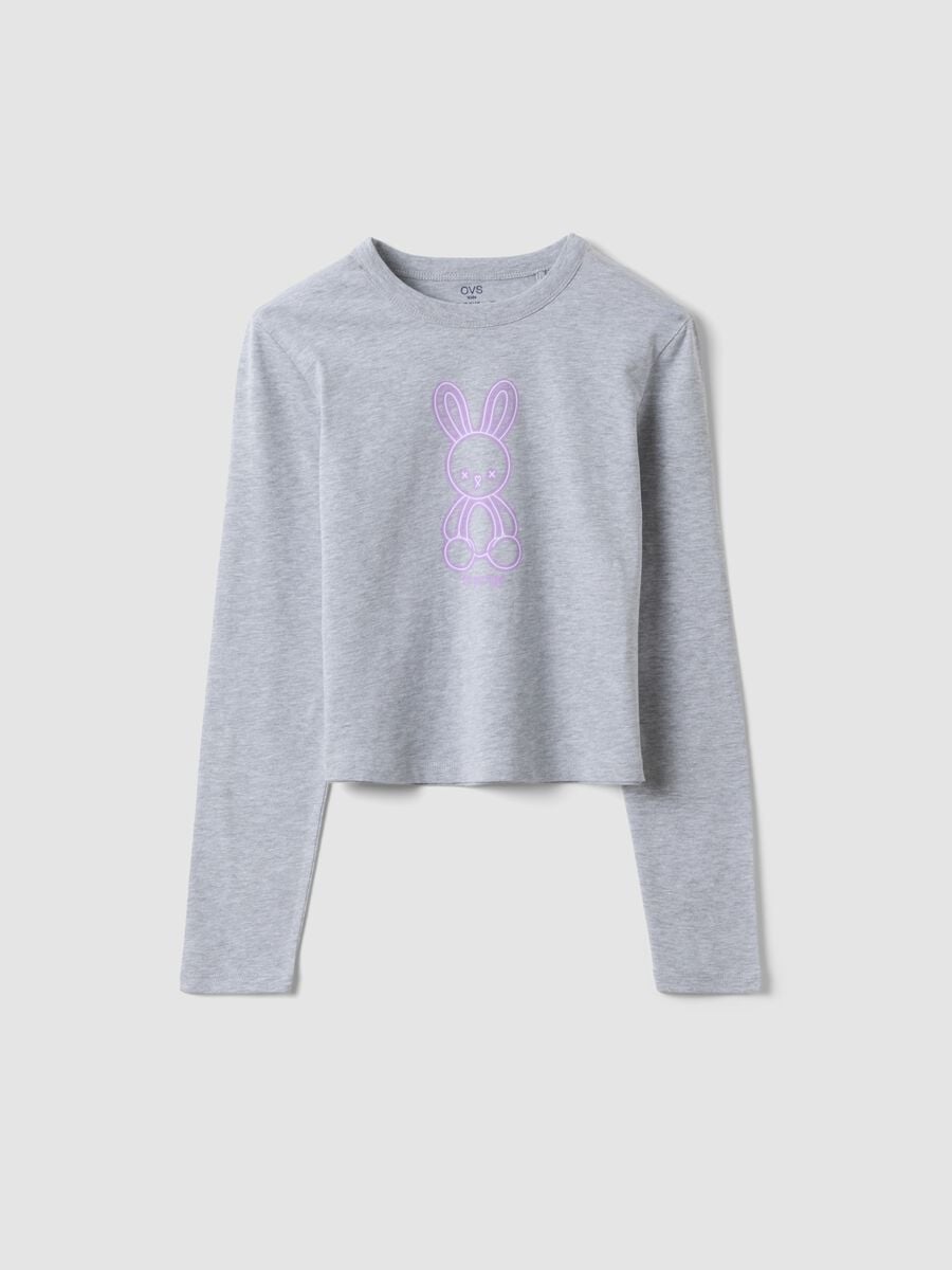 T-shirt crop grigia in puro cotone organico con collo a costine per ragazza_0
