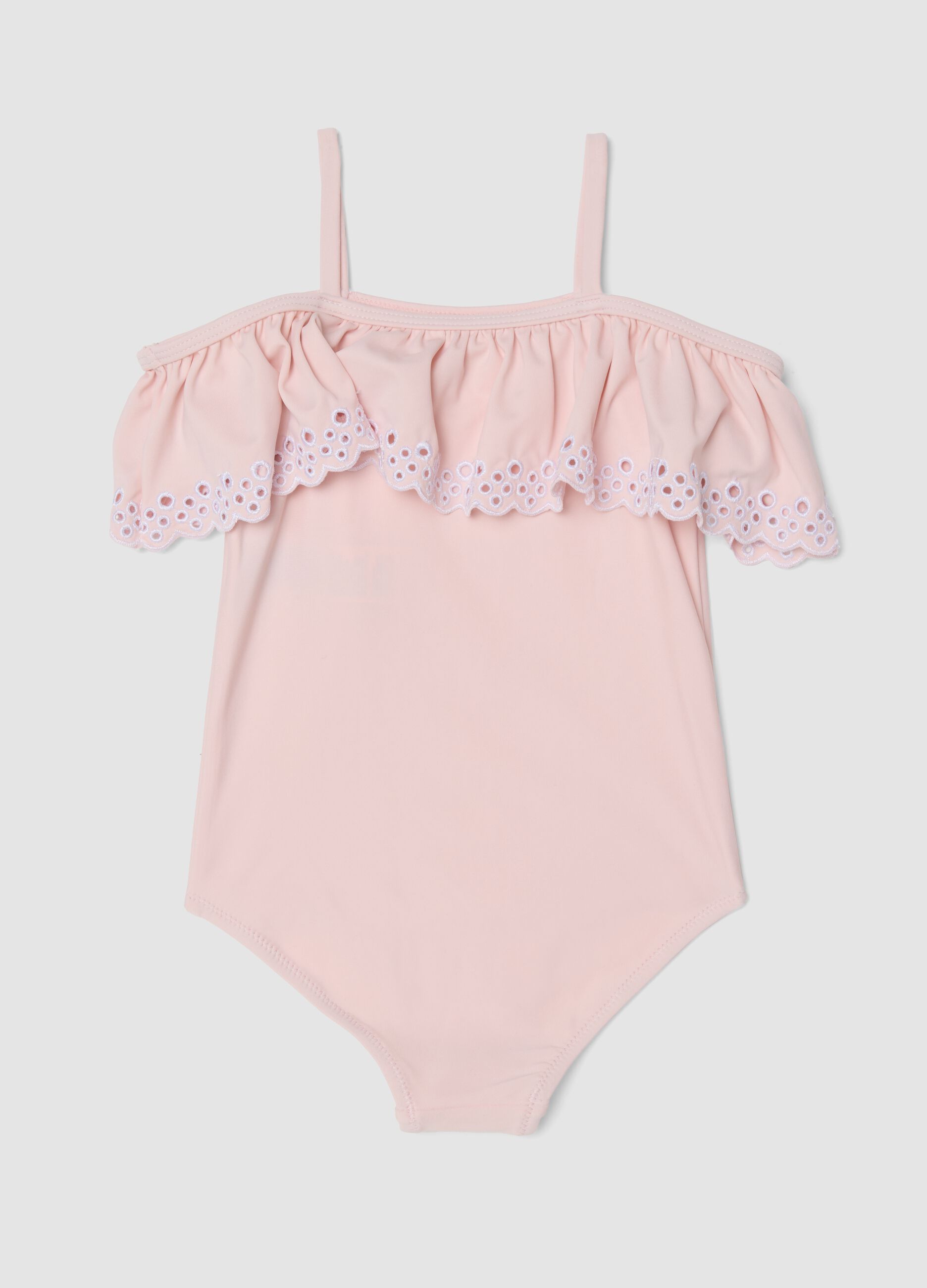 Pink girls&rsquo; swimsuit in stretch fabric with ruffle