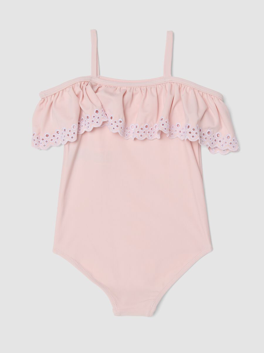 Costume intero rosa in tessuto elasticizzato con volant_1