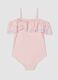 Pink girls&rsquo; swimsuit in stretch fabric with ruffle_1