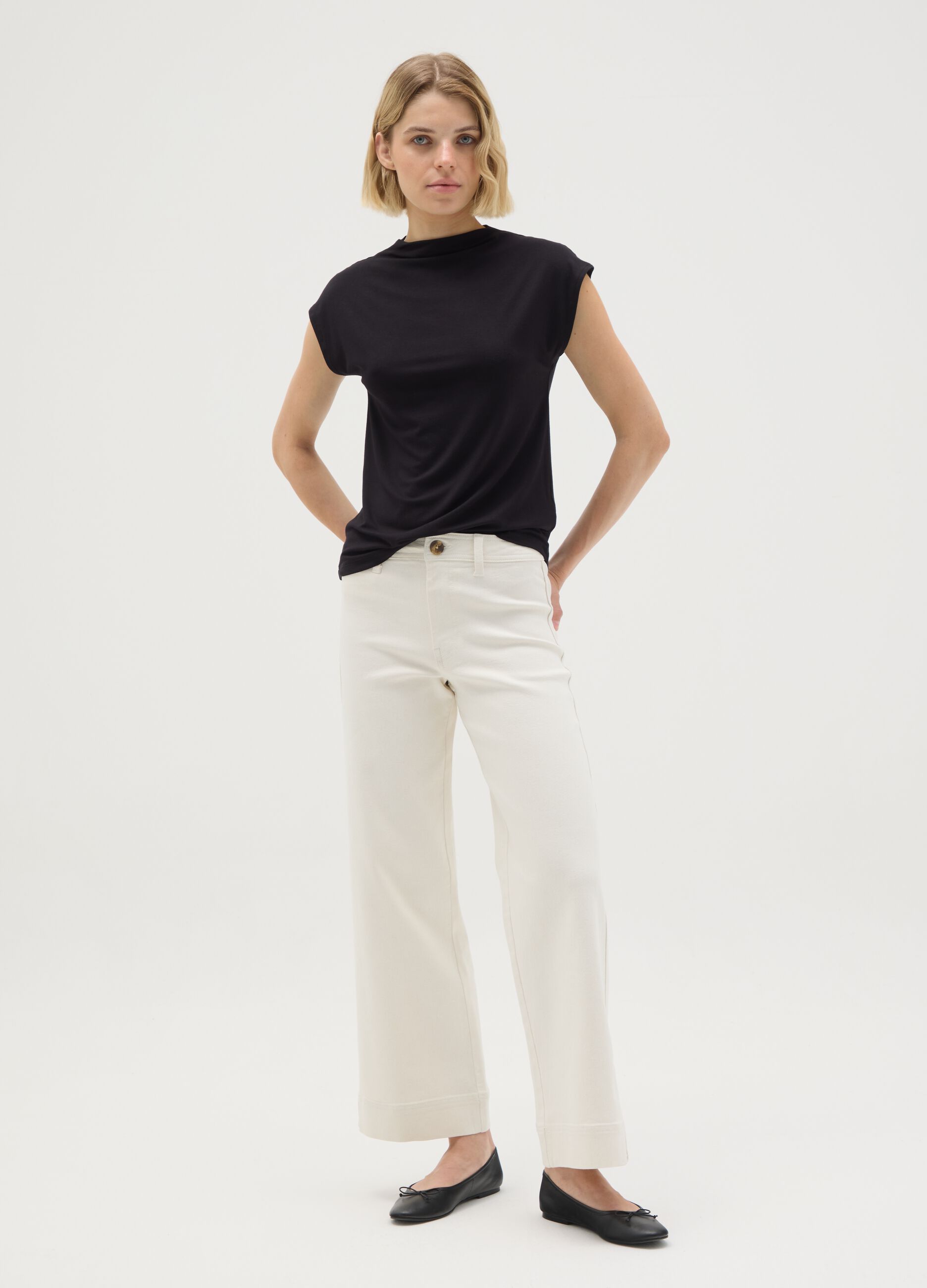 Wide beige denim women's trousers