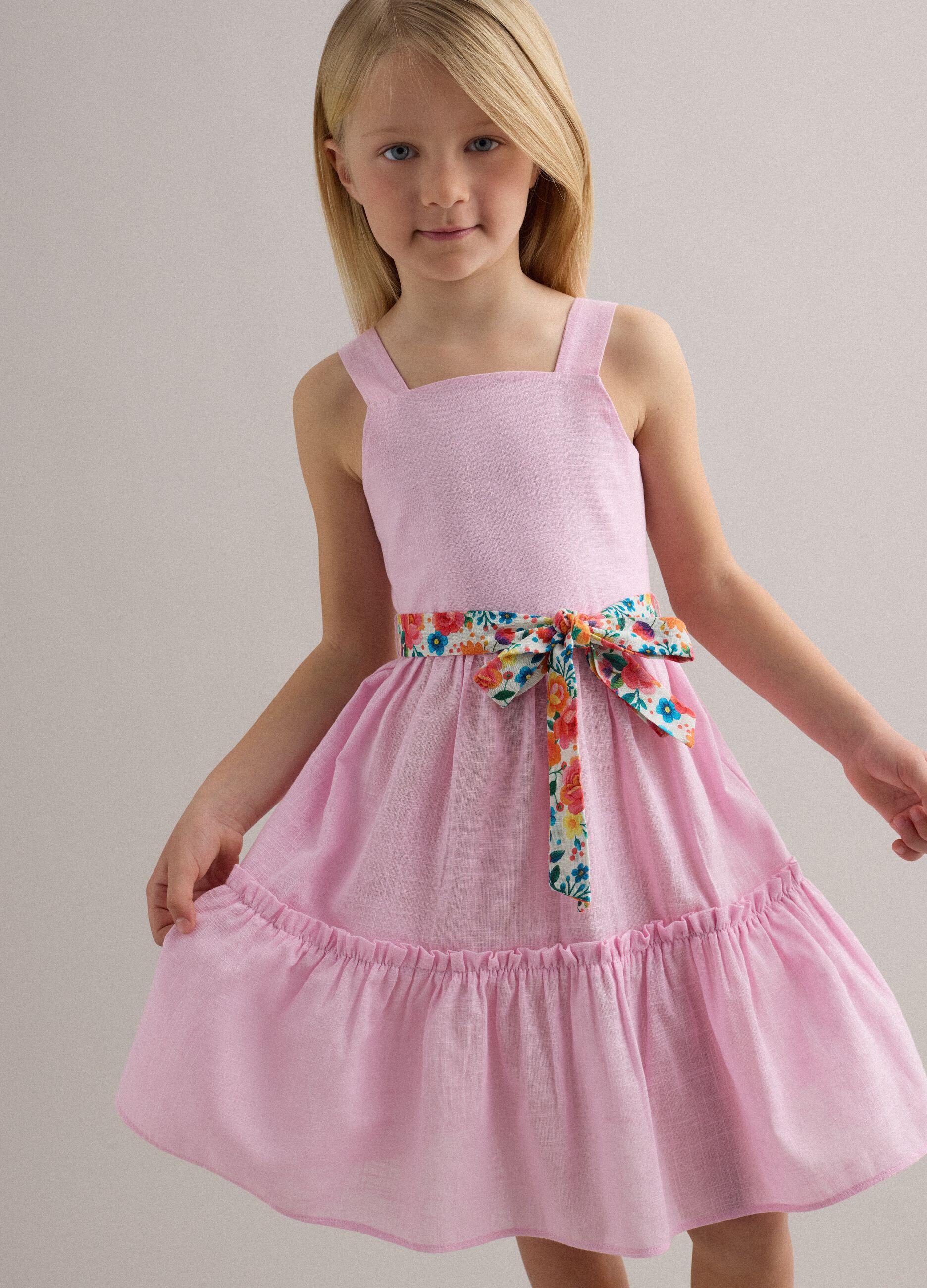 Girls' regular fit pink pure cotton dress with floral belt