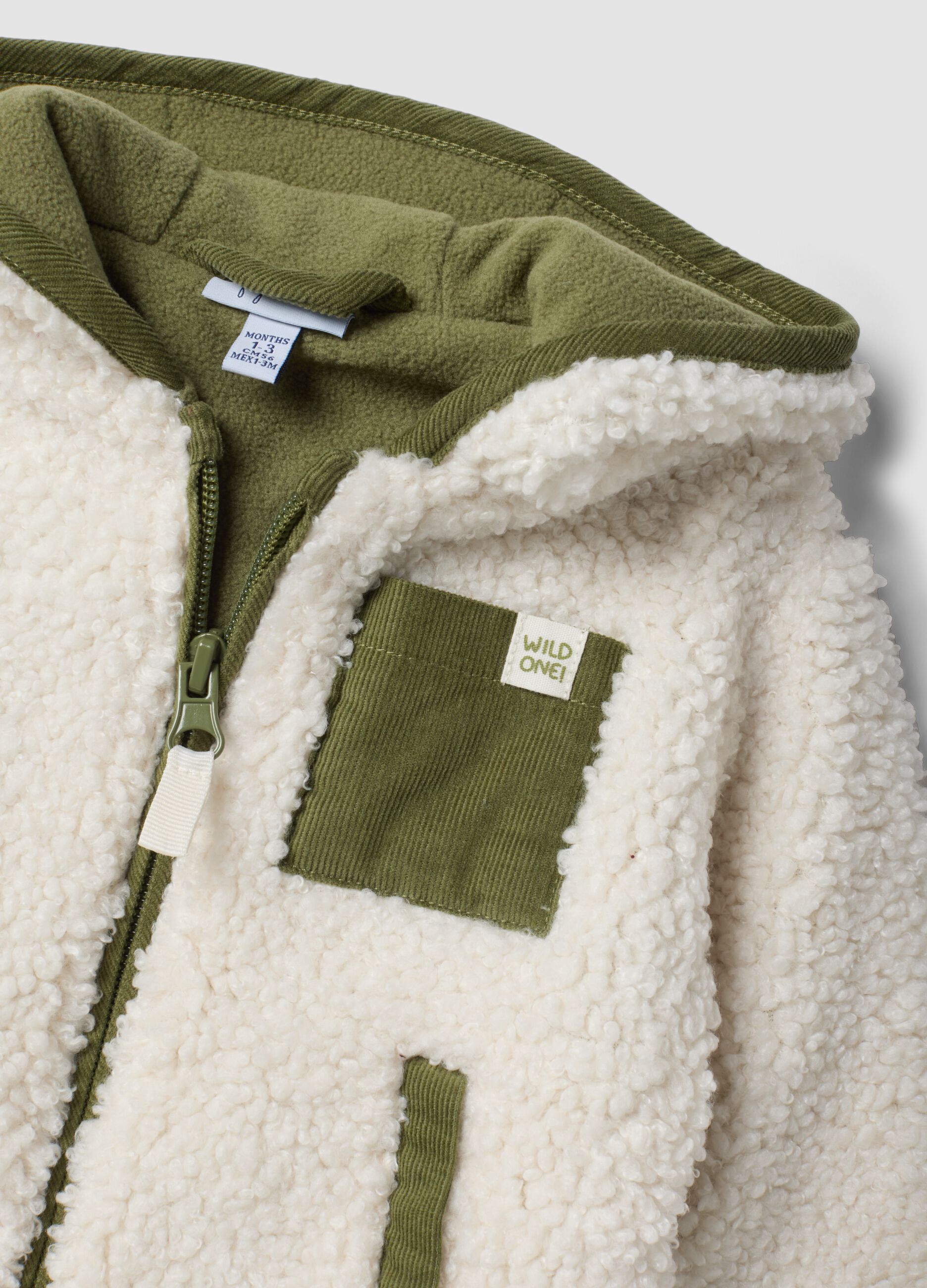 White padded teddy jacket with hood and zip