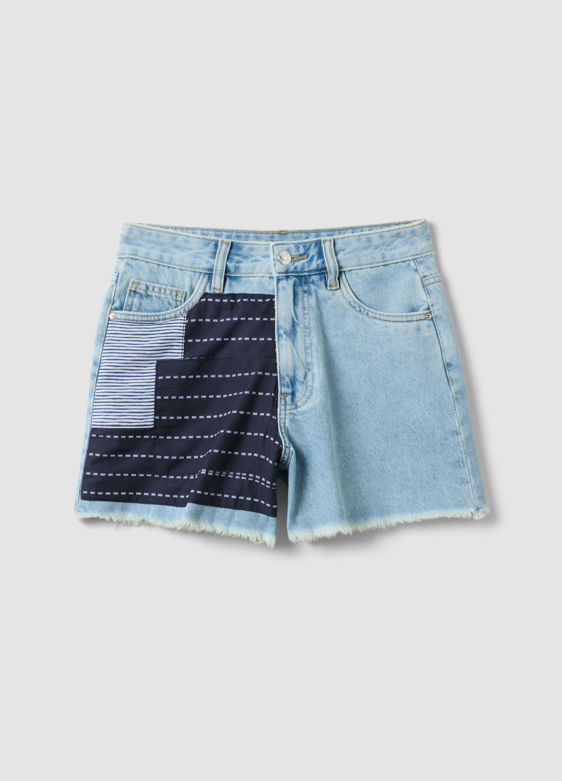 Light blue pure-cotton denim shorts with patchwork inserts