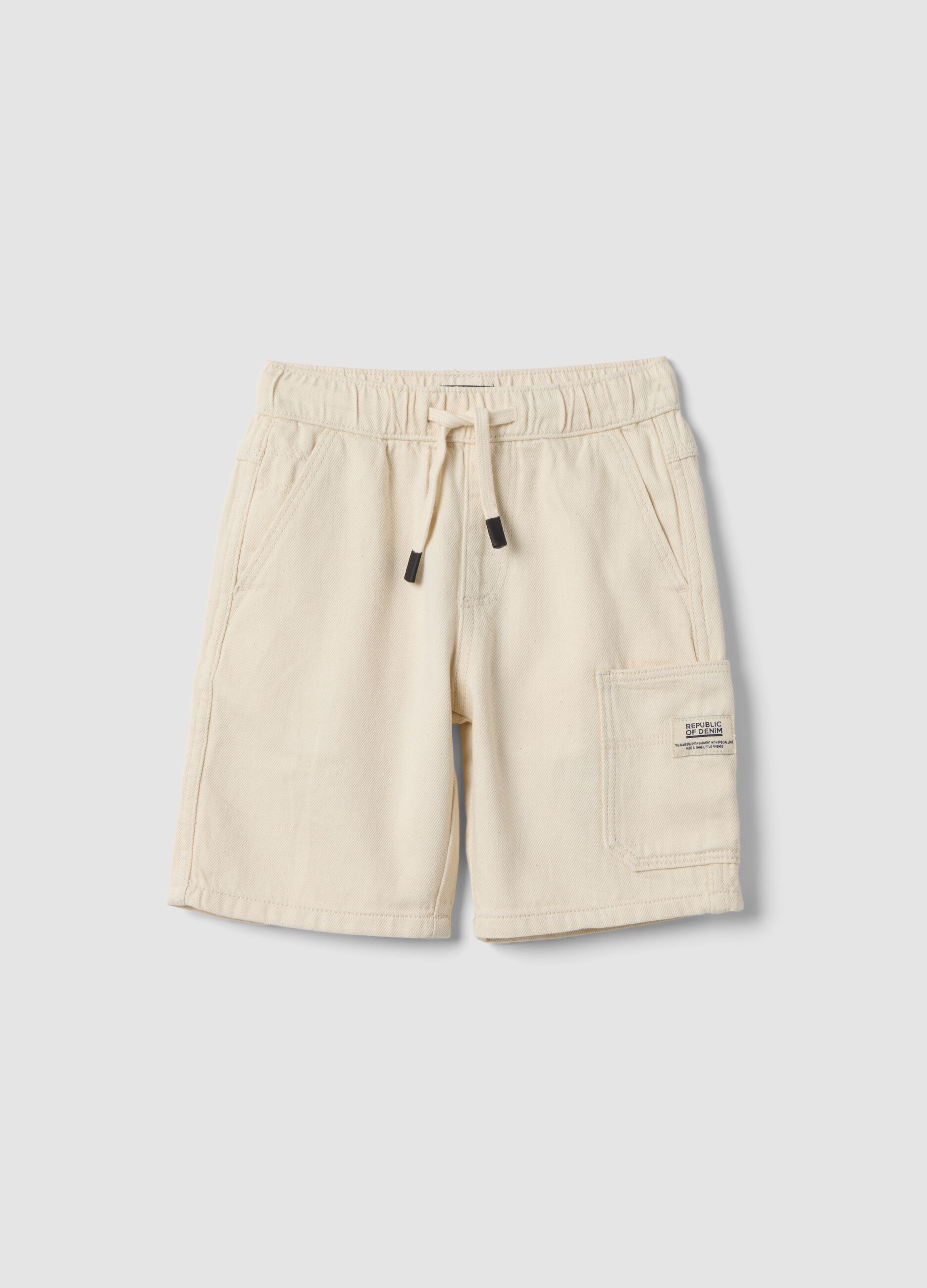 Boys&rsquo; white pure cotton cargo shorts with drawstring, regular fit