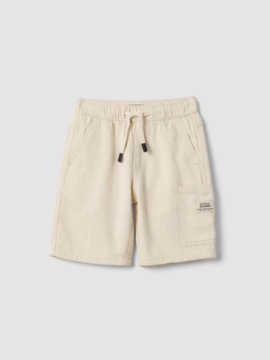 Boys&rsquo; white pure cotton cargo shorts with drawstring, regular fit_0