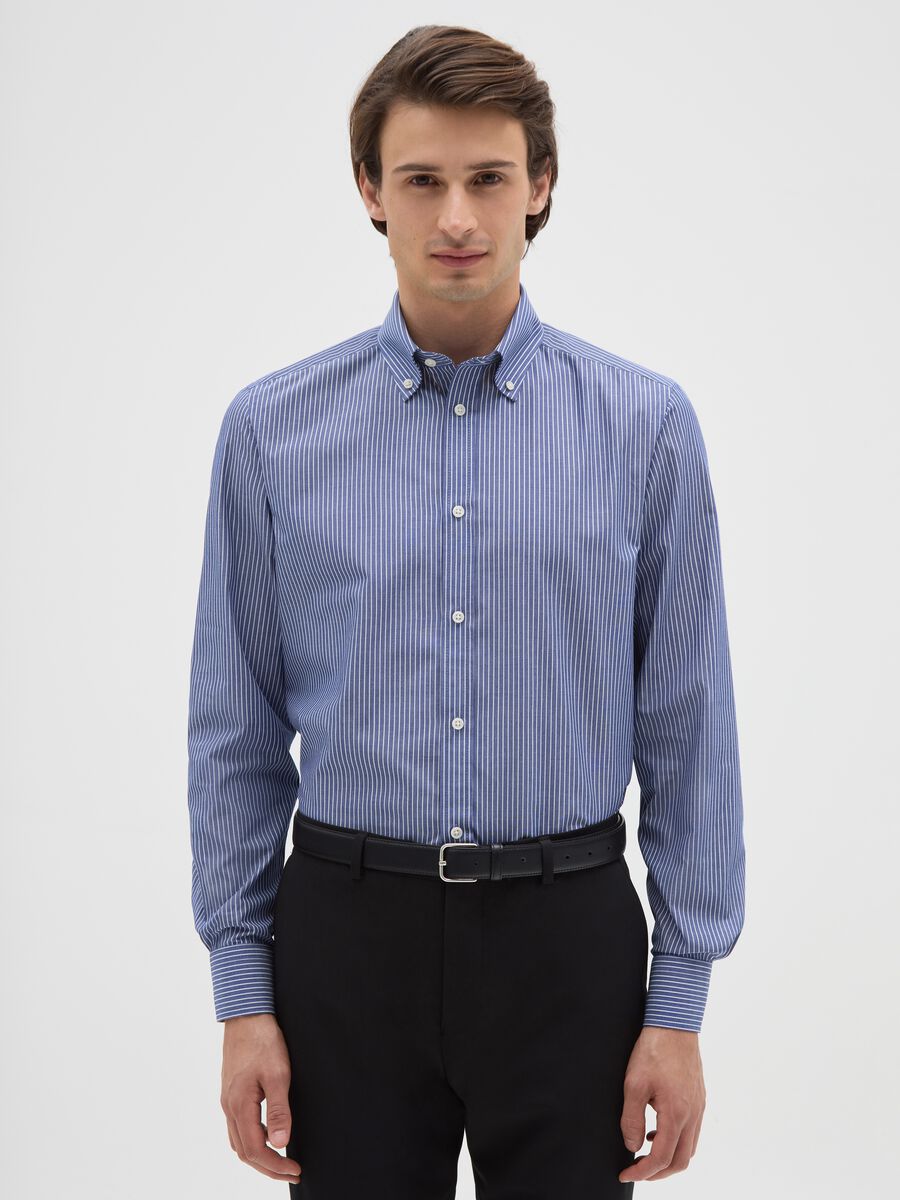 Camicia blu a righe in misto cotone_0