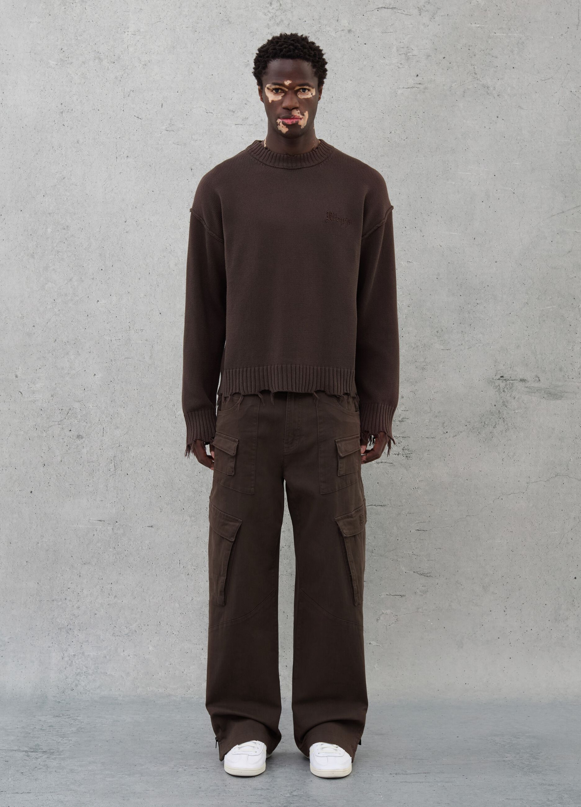 Crewneck Distressed Pullover Chocolate Brown