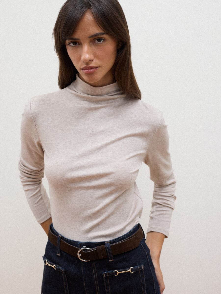 Beige lyocell and stretch wool mock-neck T-shirt, regular fit_0