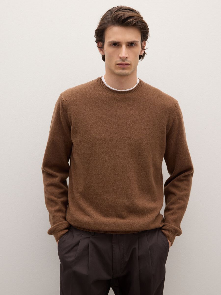 Brown crew neck pullover in pure lambswool regular fit_0