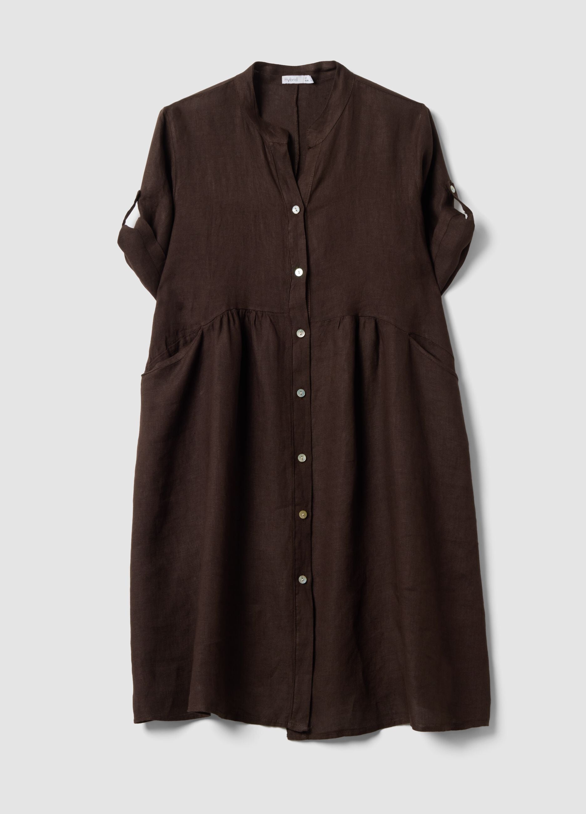 Brown pure linen dress with Mandarin collar, regular fit
