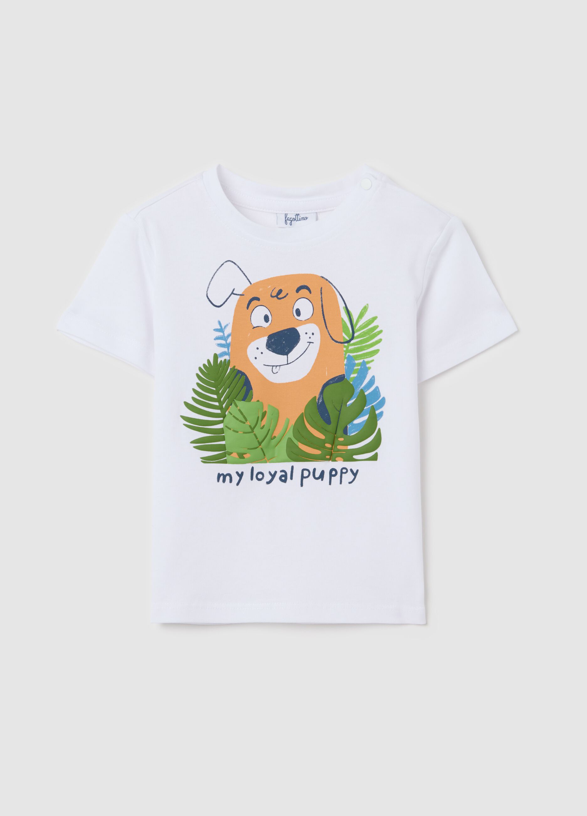 White cotton T-shirt with puppy print