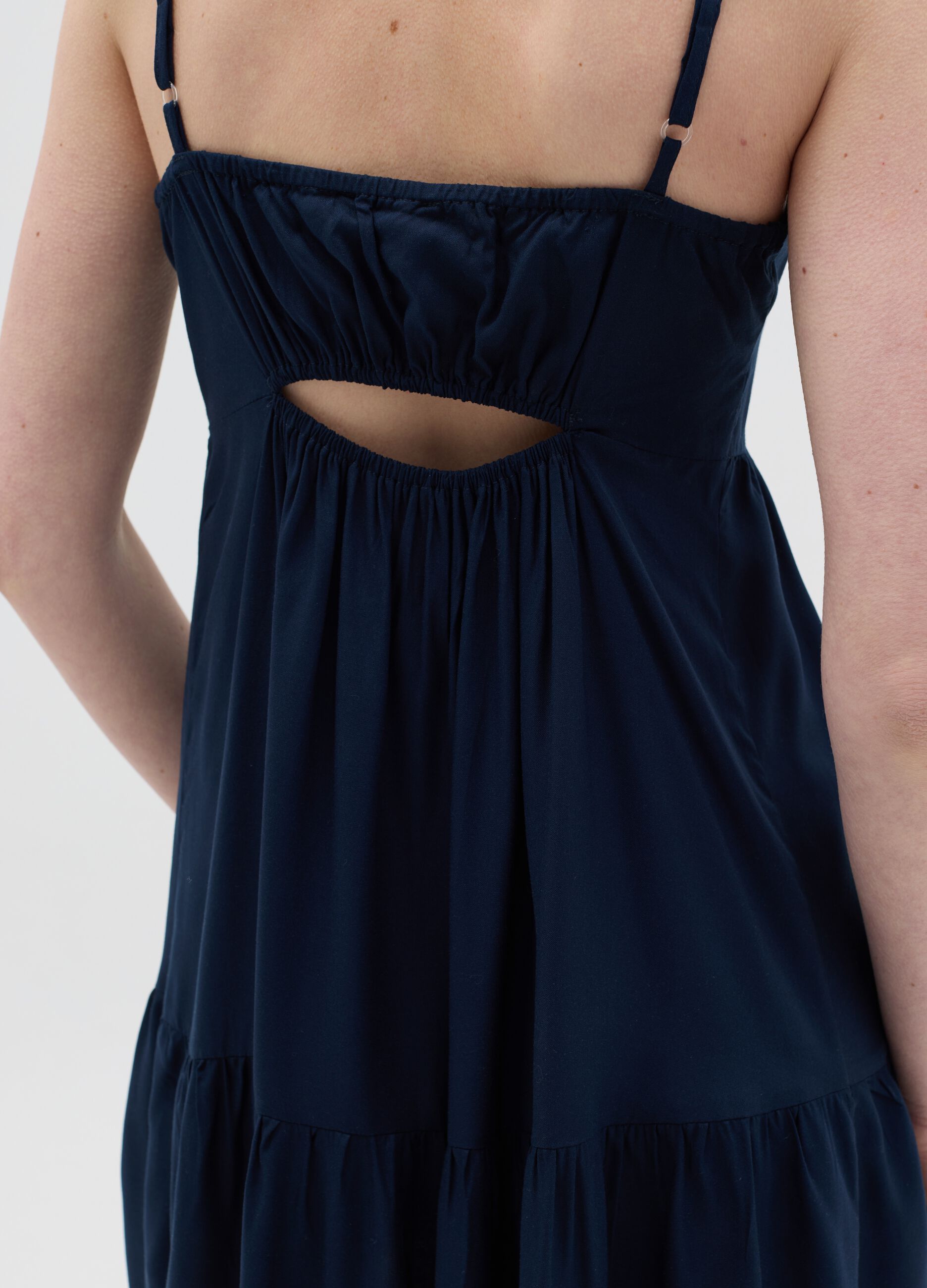 Blue viscose dress with V neck and flounce
