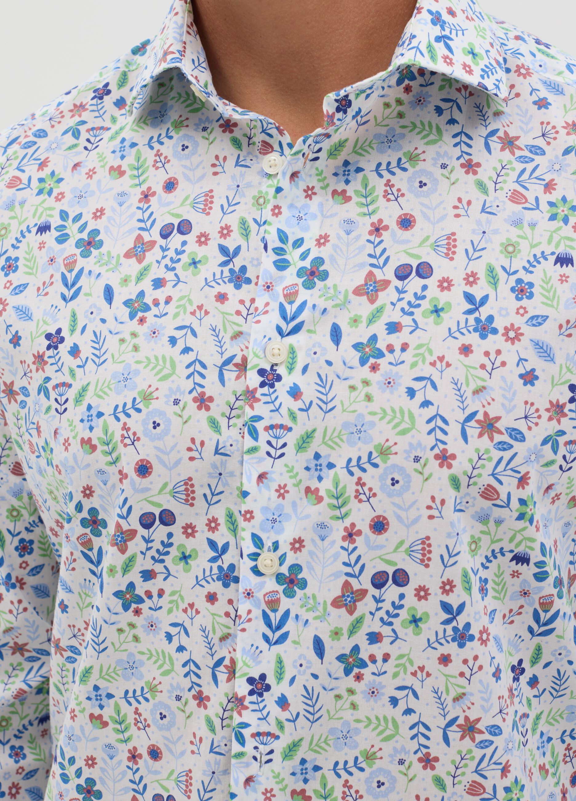 Slim Shirt with Multicolored Floral Pattern in Cotton
