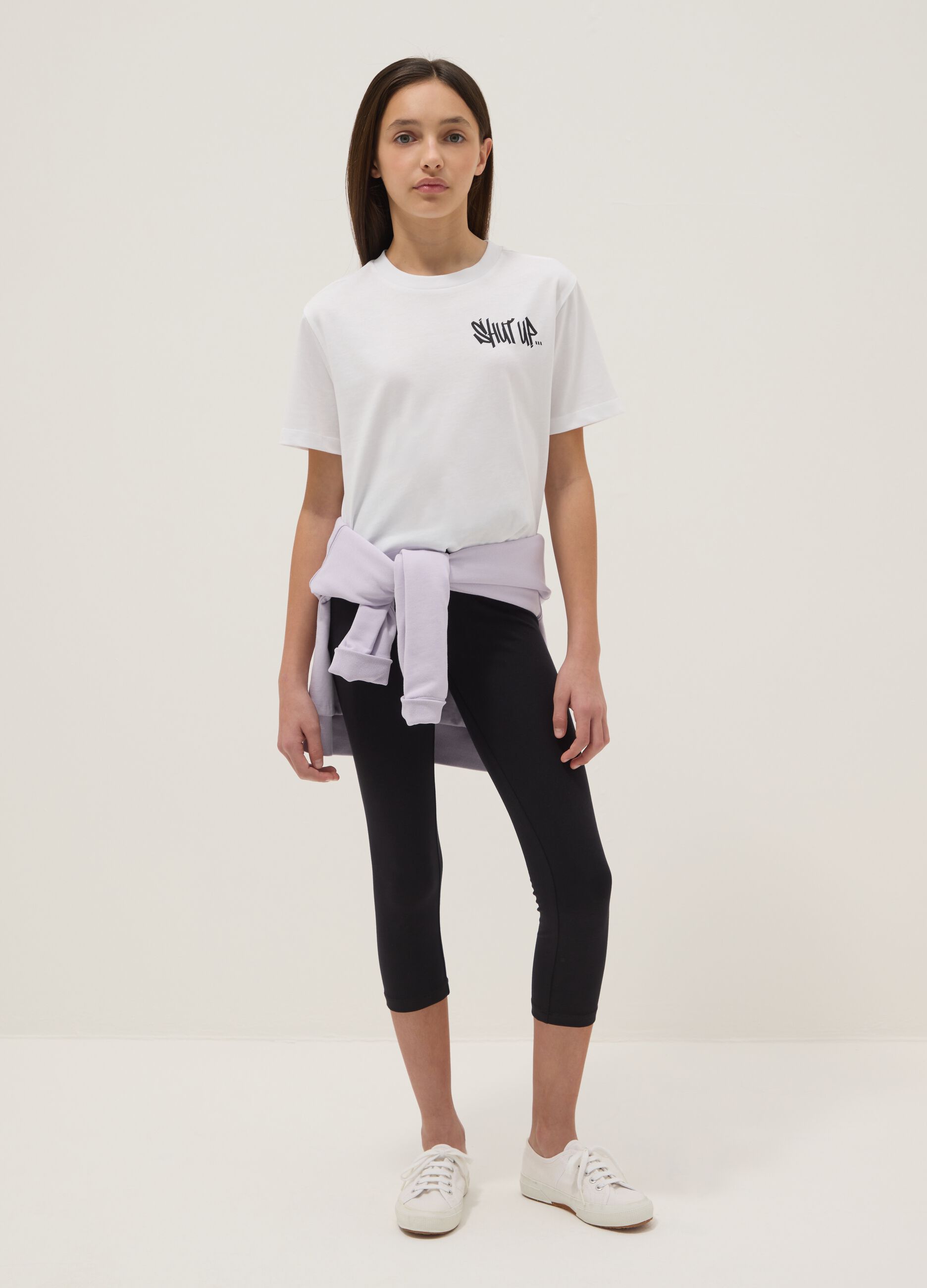 Girls' black stretch cotton slim fit leggings with heart detail