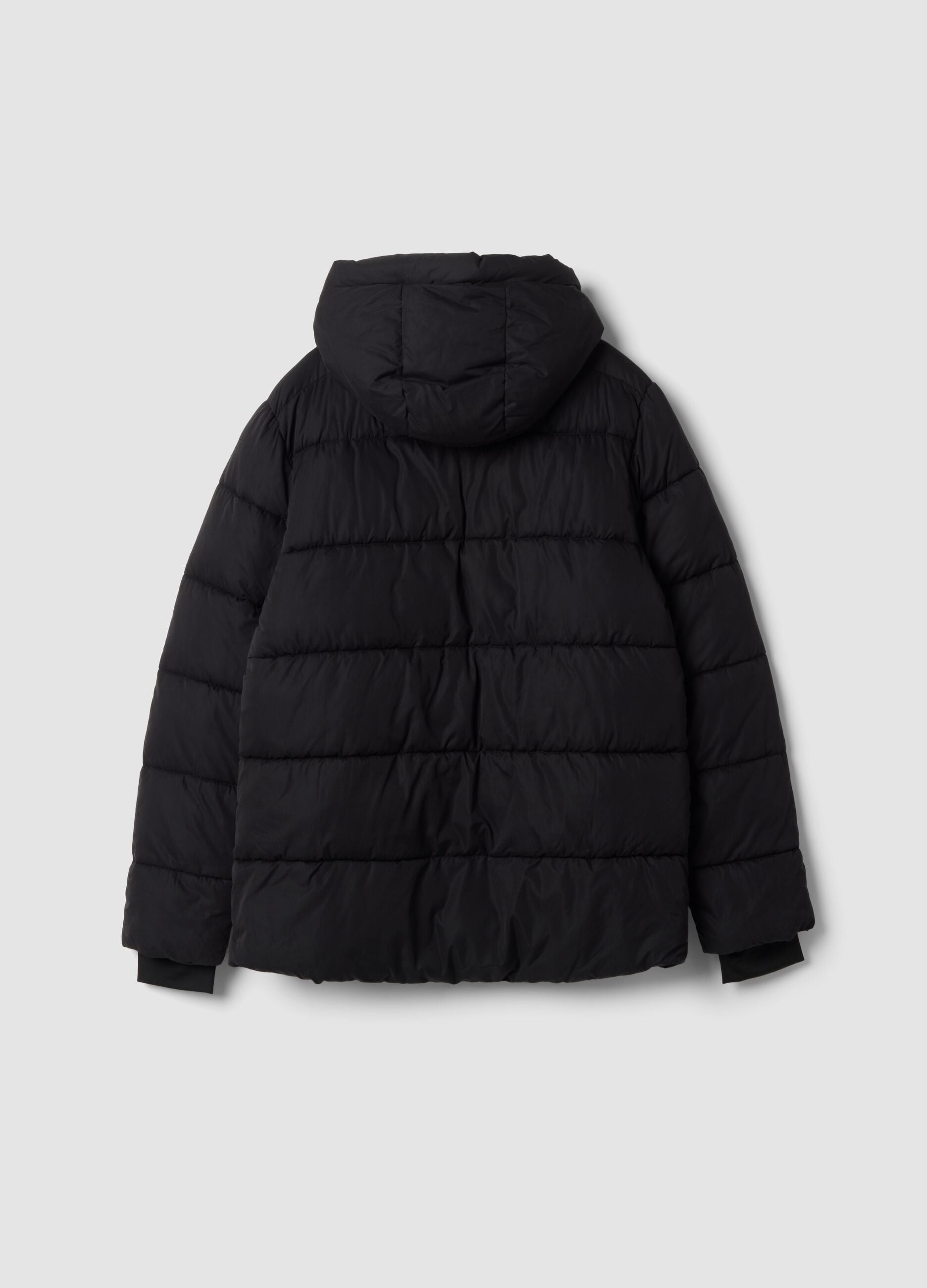 Black padded jacket with hood and zip