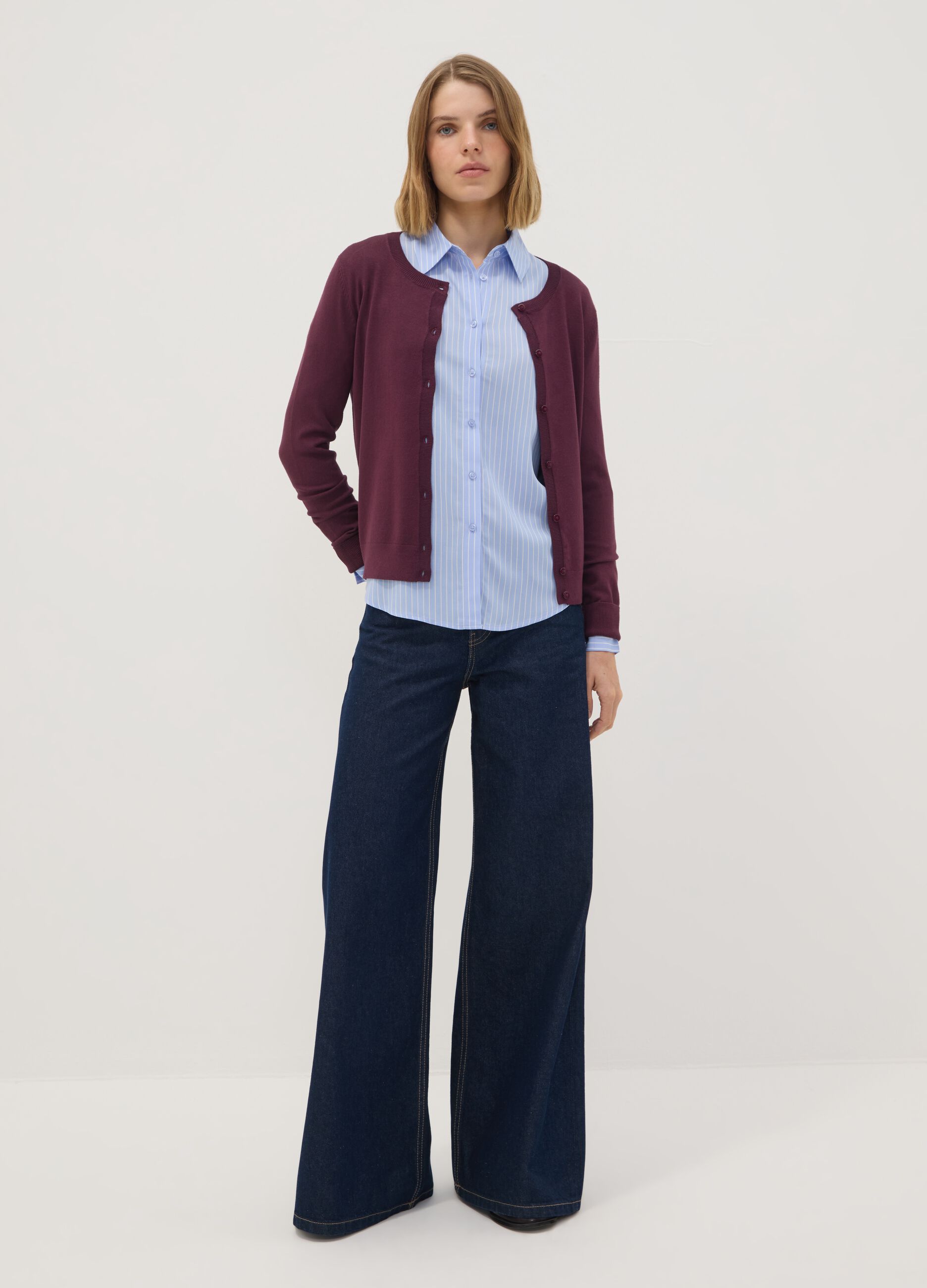 Purple viscose-blend crew-neck cardigan, regular fit