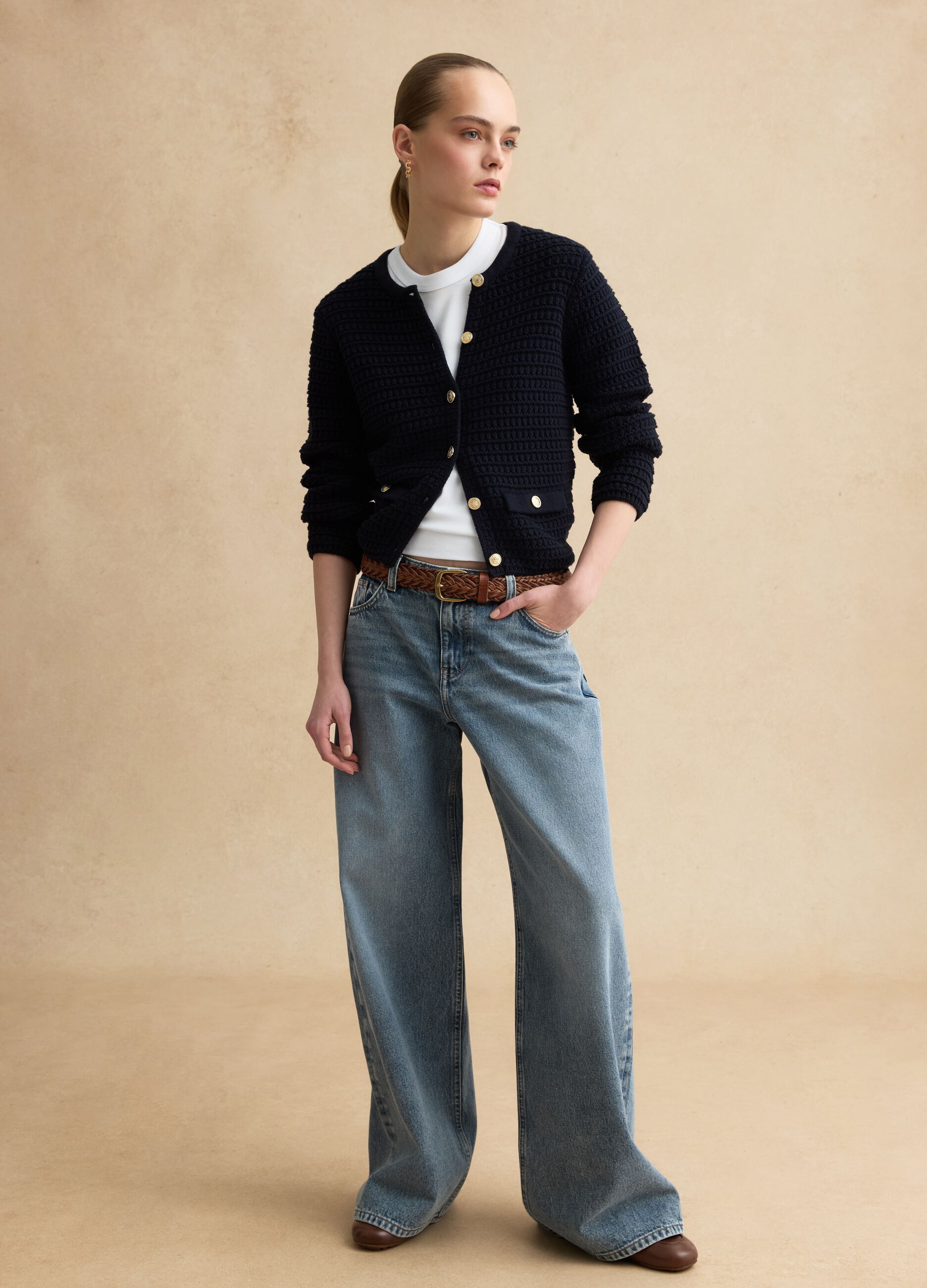 Blue pure cotton regular fit cardigan with gold buttons