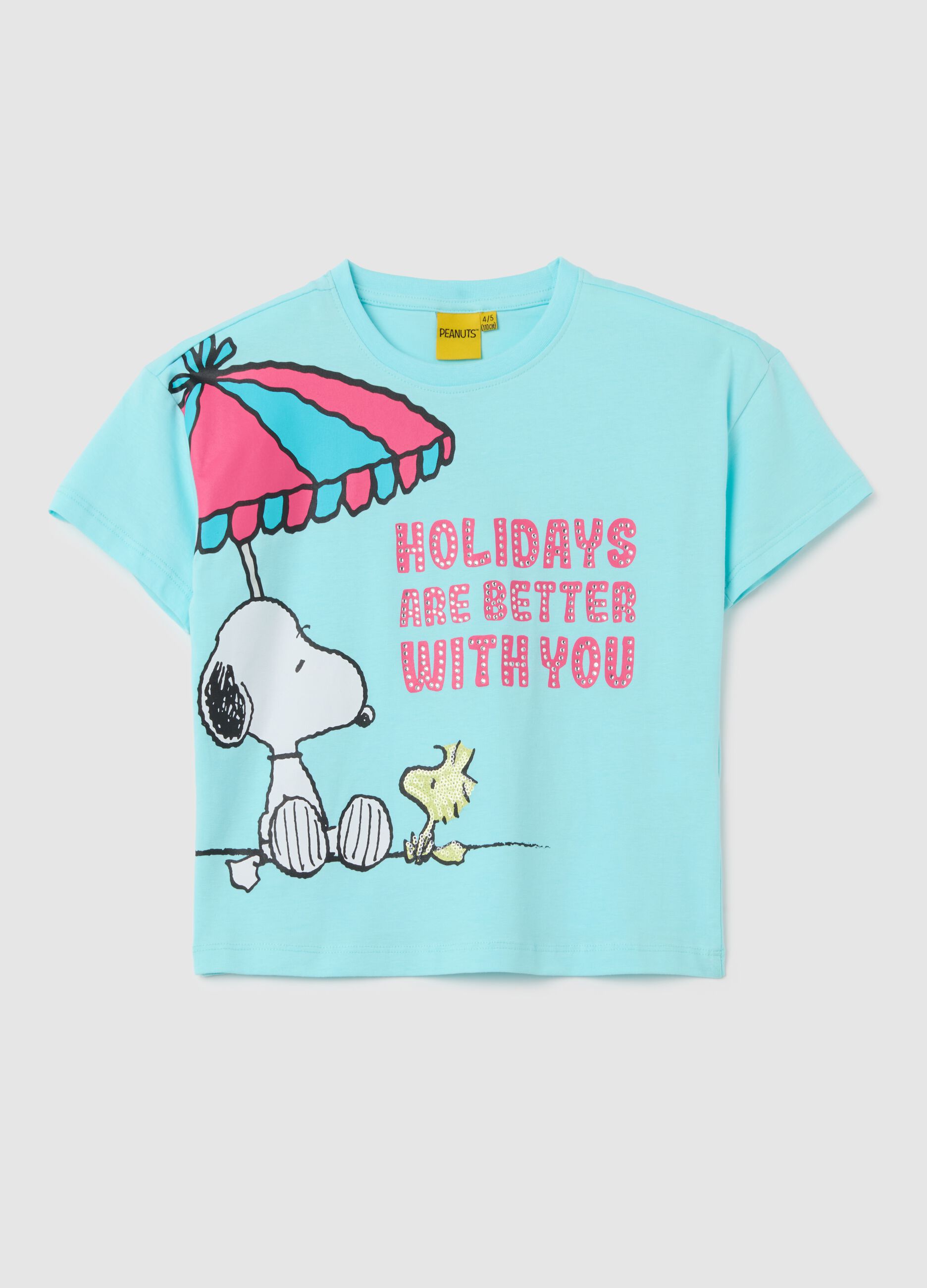 Blue stretch cotton girls' t-shirt with Snoopy print