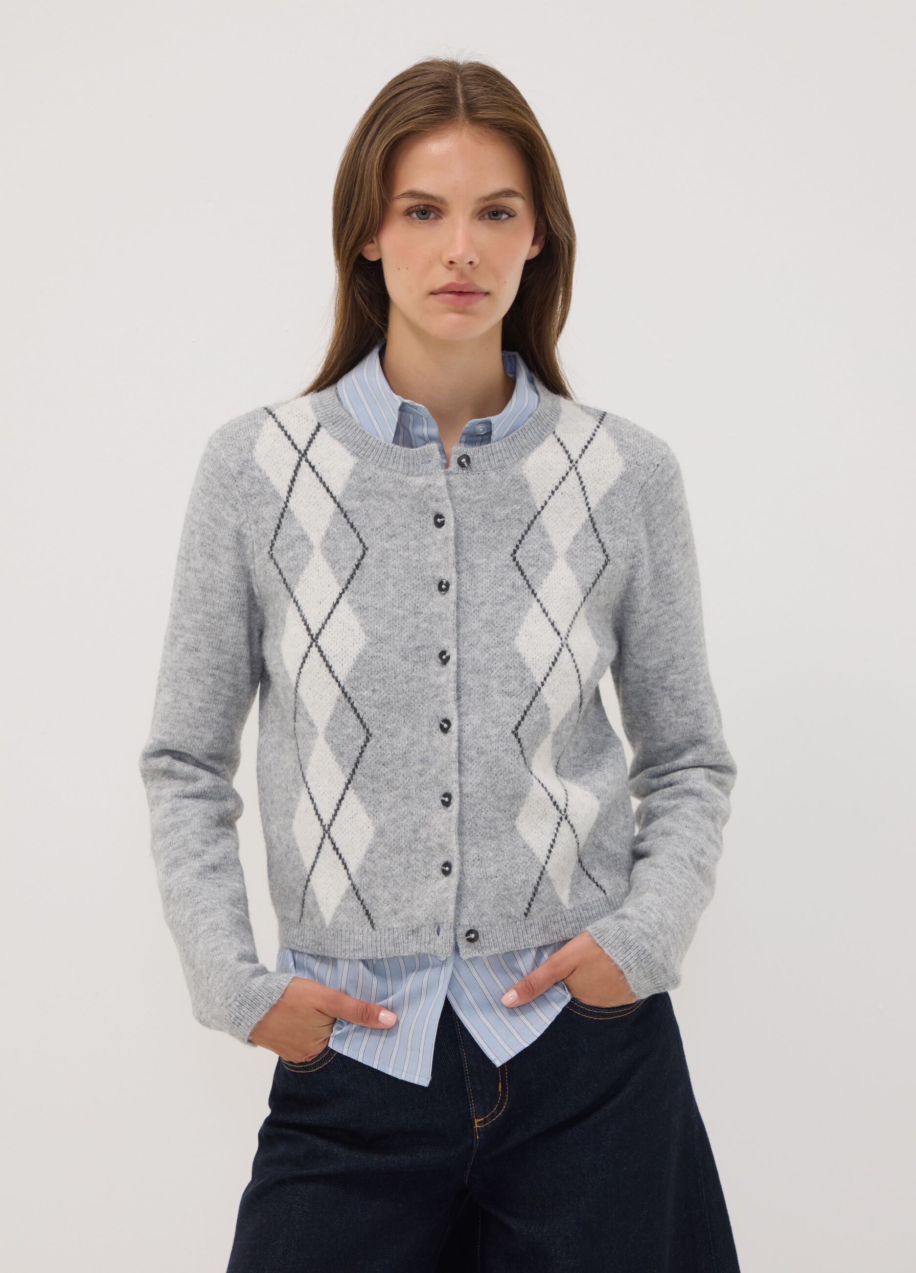 Grey jacquard stretch wool crew-neck cardigan, regular fit