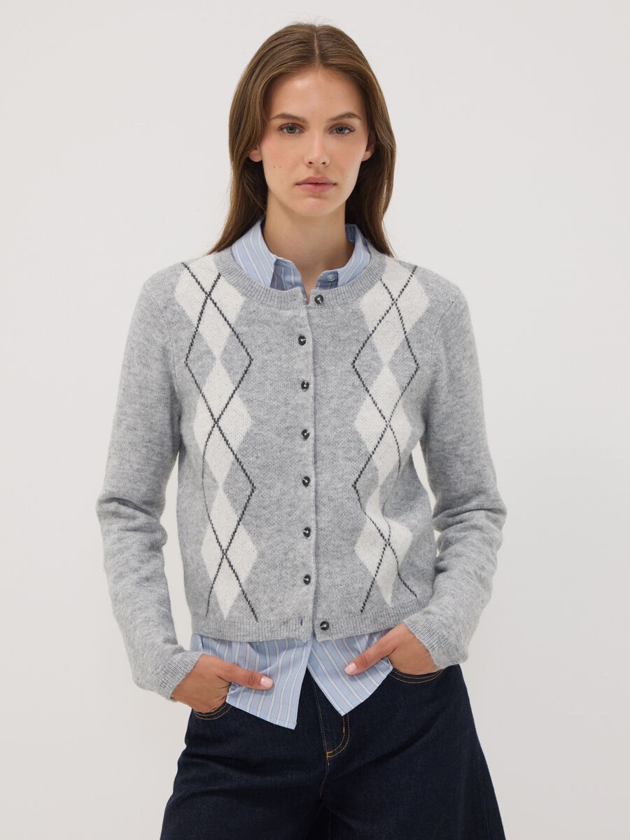 Cardigan grigio in lana elasticizzata jacquard girocollo regular fit_1