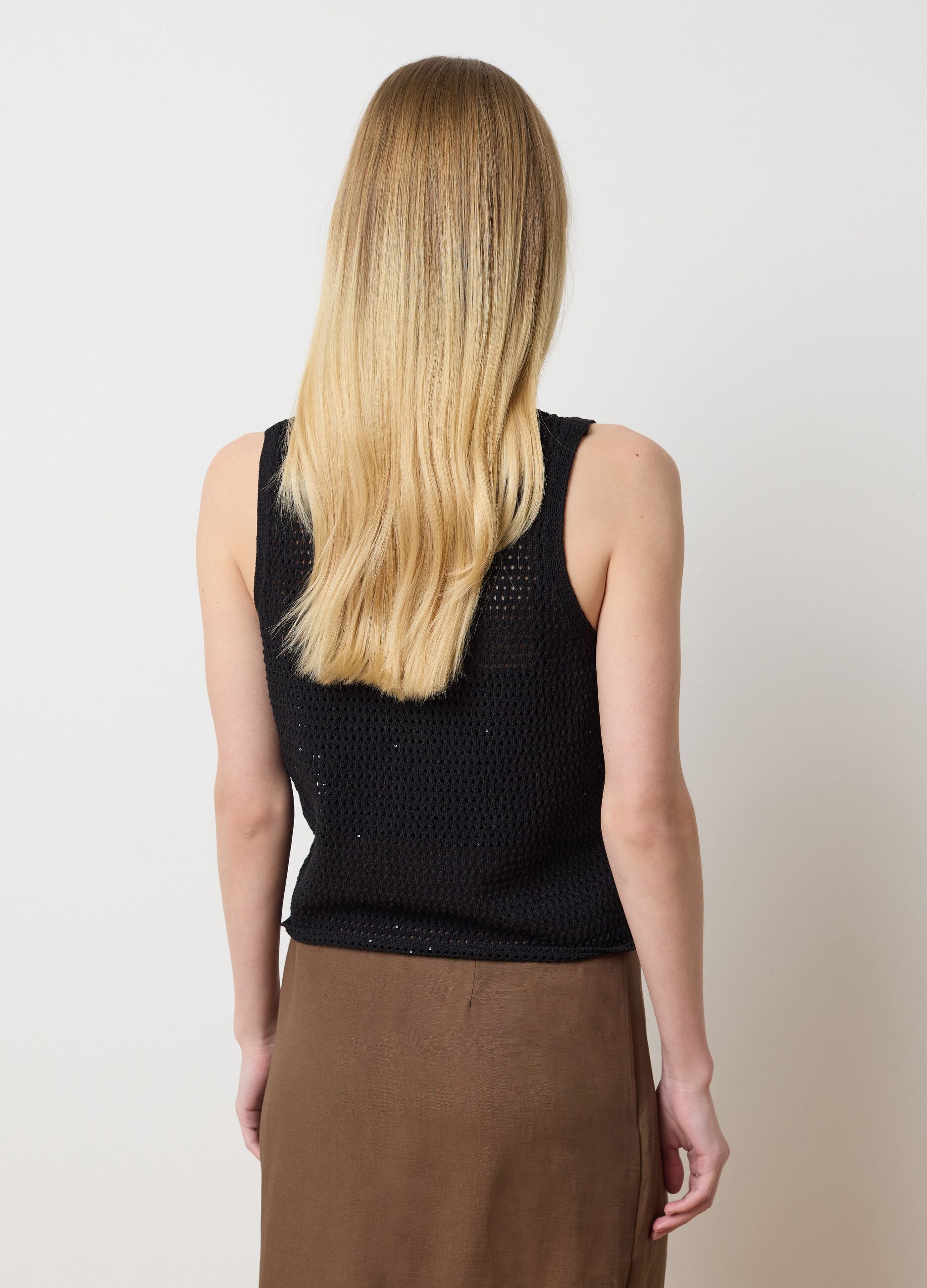 Black crochet tank top with popcorn stitch