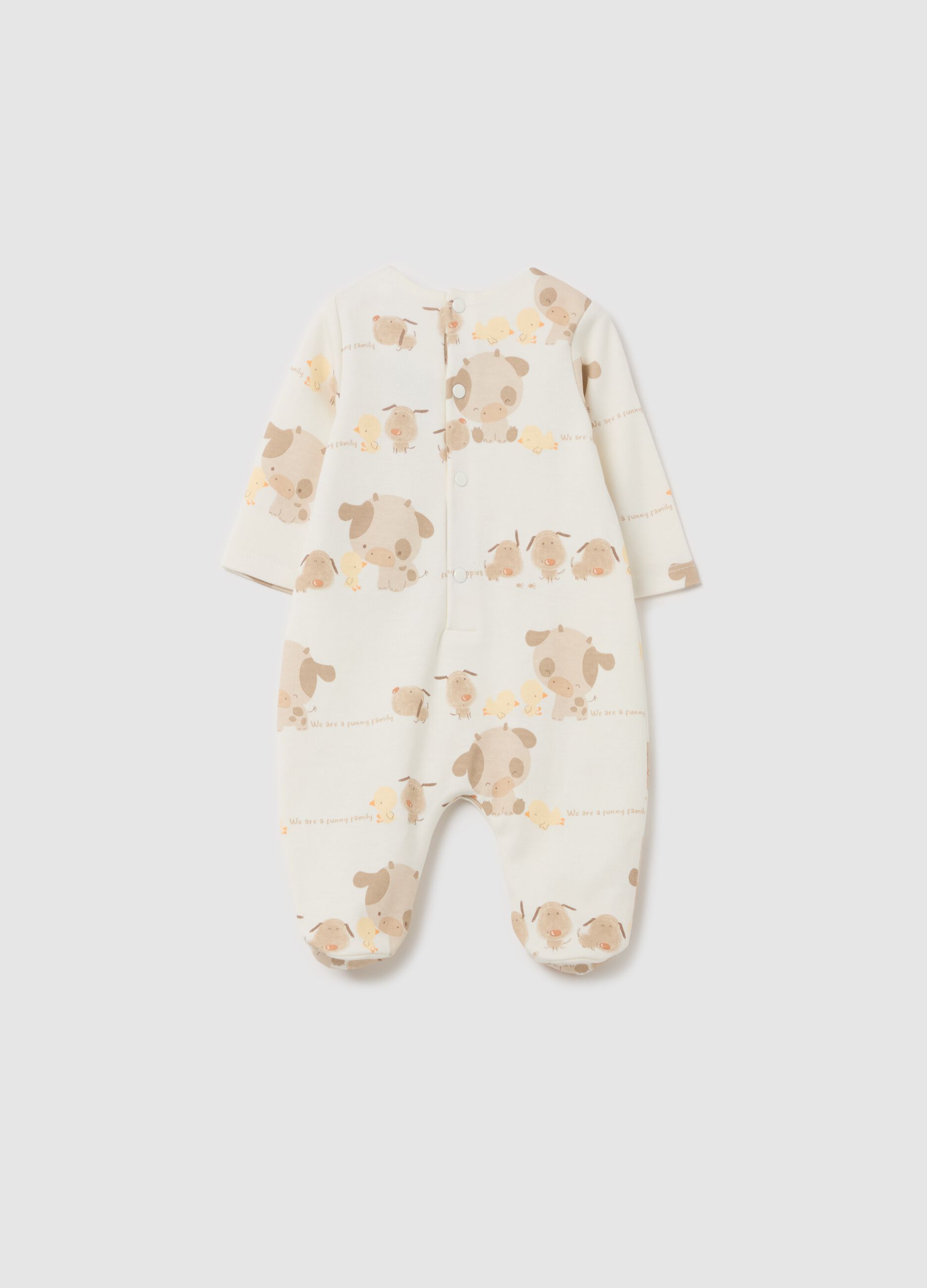 Cotton onesie with feet and "We are a funny family" embroidery