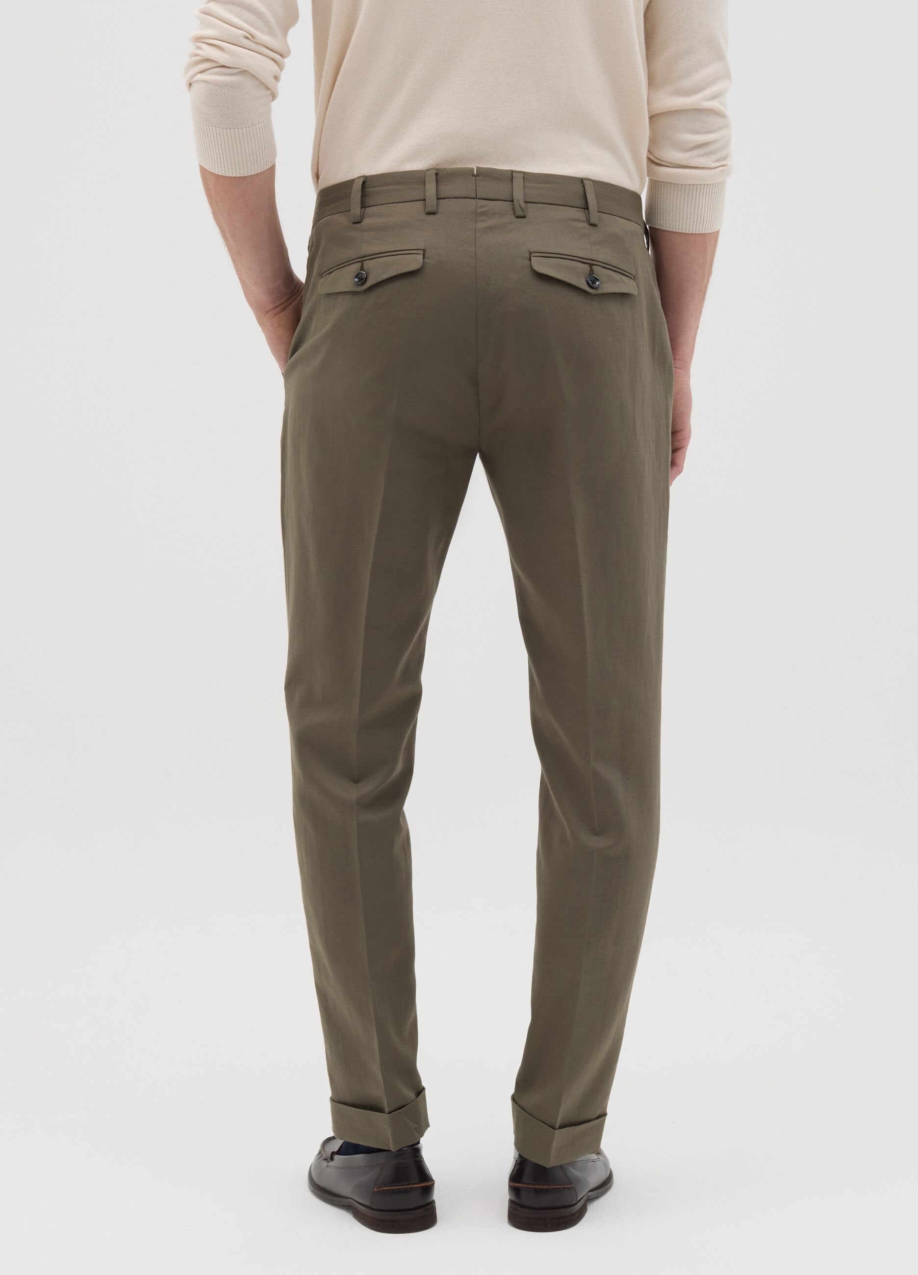Pantaloni chino da uomo in misto cotone e lino verde regular fit