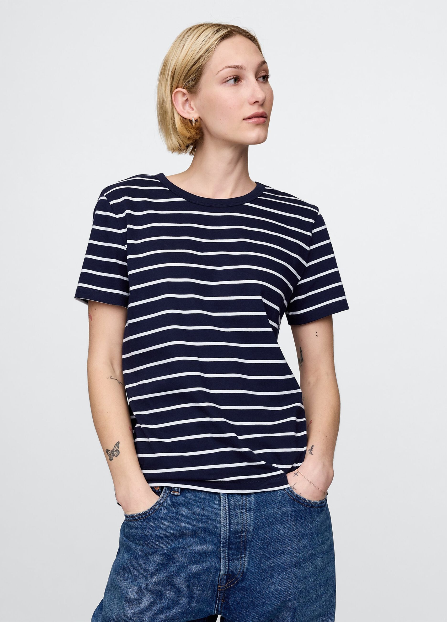 Blue and white striped pure cotton T-shirt