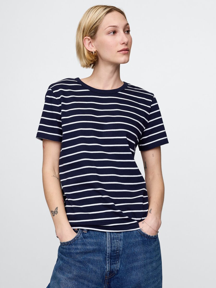 Blue and white striped pure cotton T-shirt_0