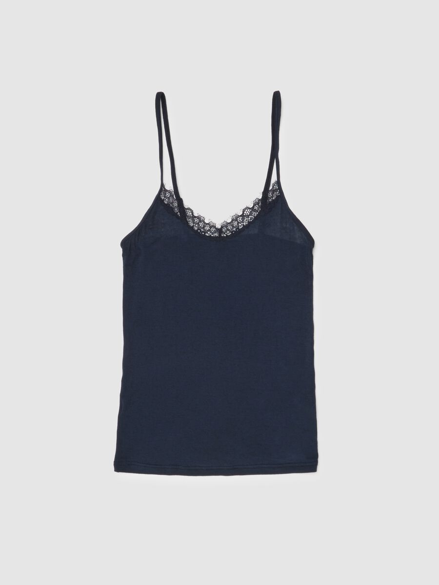 Blue regular fit vest with V-neck decorated with lace_0