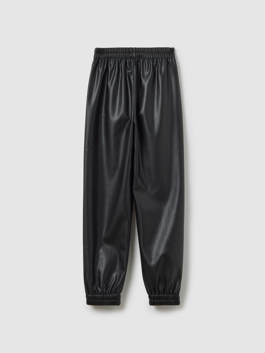 Black faux leather jogger trousers for girls_1